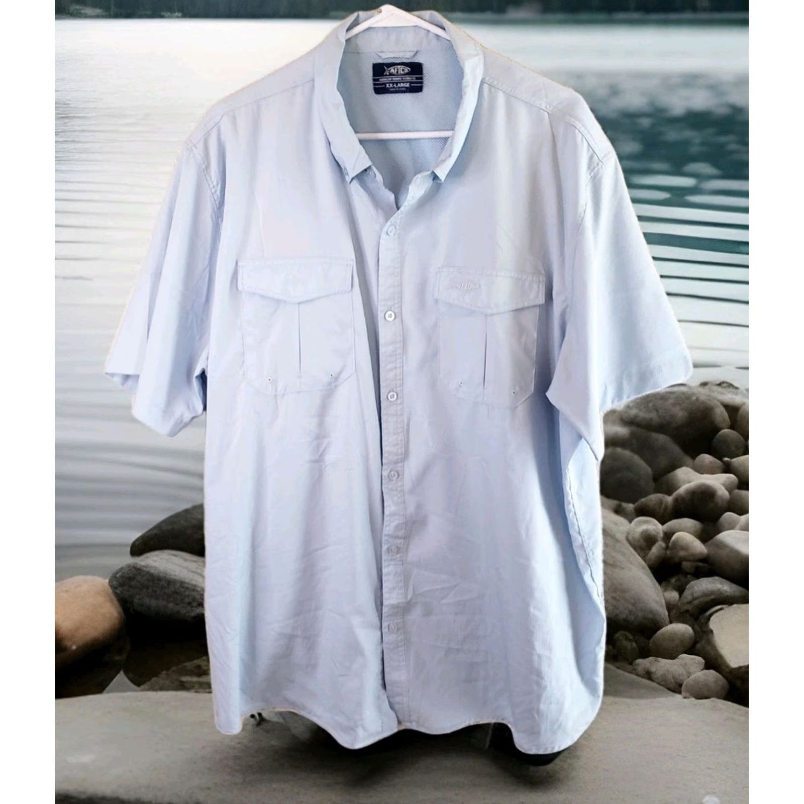 Vintage Aftco Shirt Mens 2XL Light Blue Short Sleeve Button-Down AFtech Vented Fishing Shirt Size US XXL / EU 58 / 5 - 2 Thumbnail