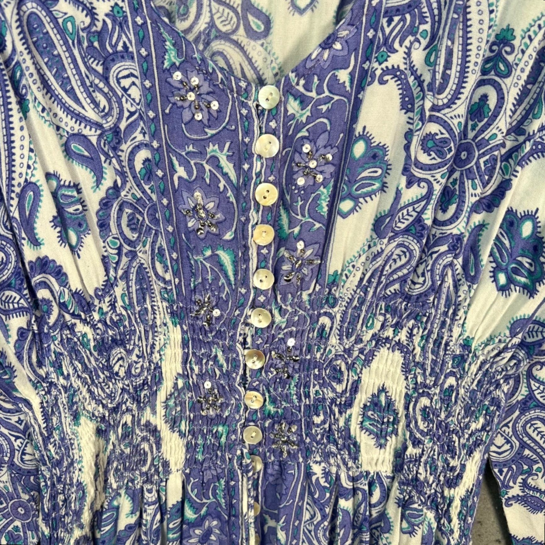 Vintage Z & L Women's Large Maxi Dress Bohemian Paisley V-Neck Button Detail Elastic Waist Long Sleeve Blue Casual Summer Spring Costume Not Vintage Size L / US 10 / IT 46 - 5 Thumbnail