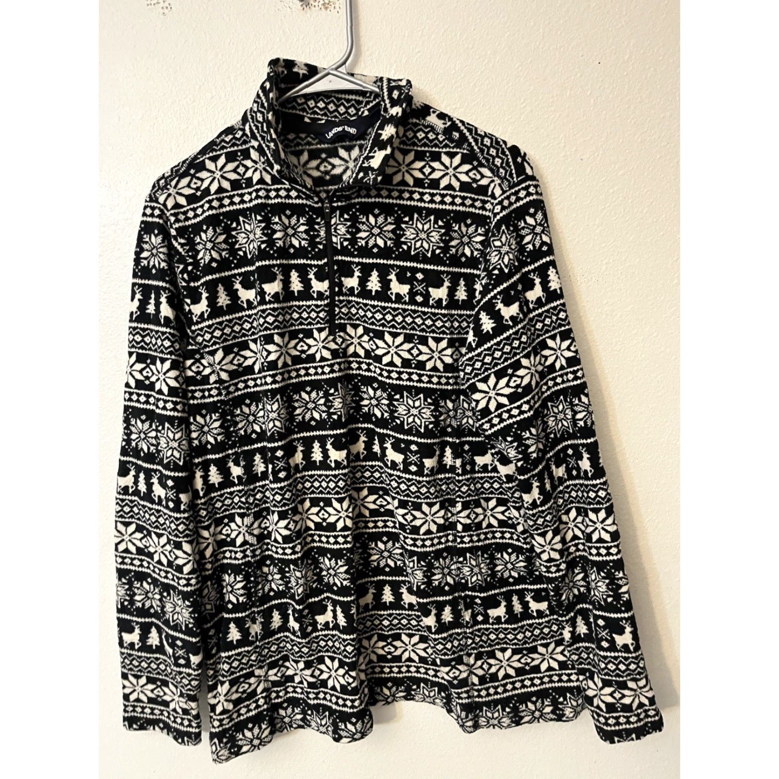 Lands' End VINTAGE Lands' End Sweater Qu 1/4 Zip Fleece Snowflake Deer Fair Isle XL Black Size XL / US 12-14 / IT 48-50 - 2 Thumbnail