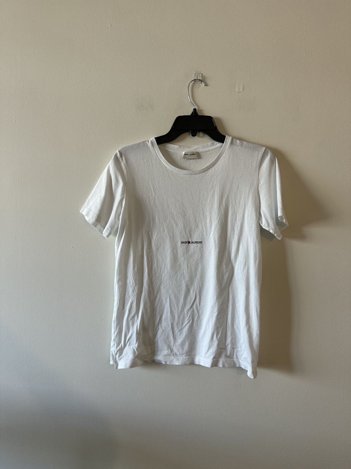 Saint Laurent Paris Saint Laurent Rive Gauche Center Spellout Logo White Tee Size XS / US 0-2 / IT 36-38 - 1 Thumbnail