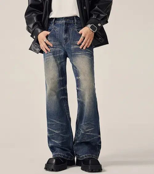 Vintage washed distressed wave design wide leg jeans