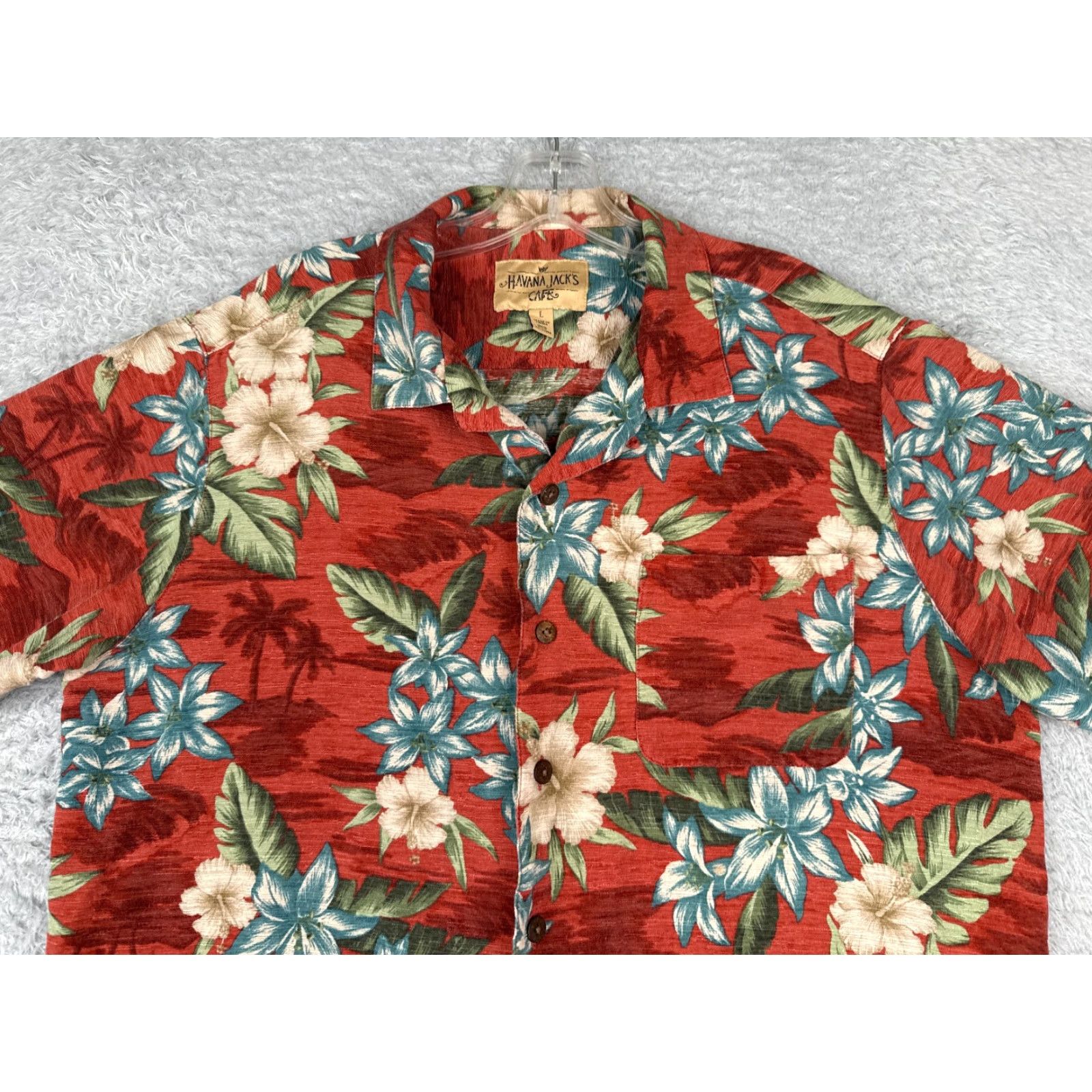 Vintage Havana Jack's Cafe Shirt Men Large Red Floral Hibiscus 100% Silk Hawaiian Beach Size US L / EU 52-54 / 3 - 4 Thumbnail