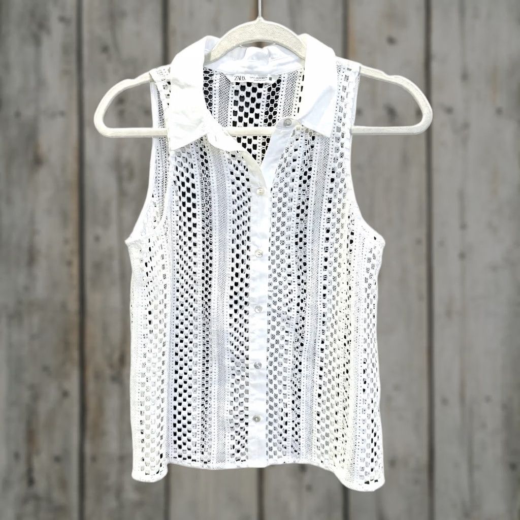 Zara ZARA White Crochet Knit Sleeveless Collar Button Down Small Women S Button-Up Shirt Size S / US 4 / IT 40 - 1 Thumbnail