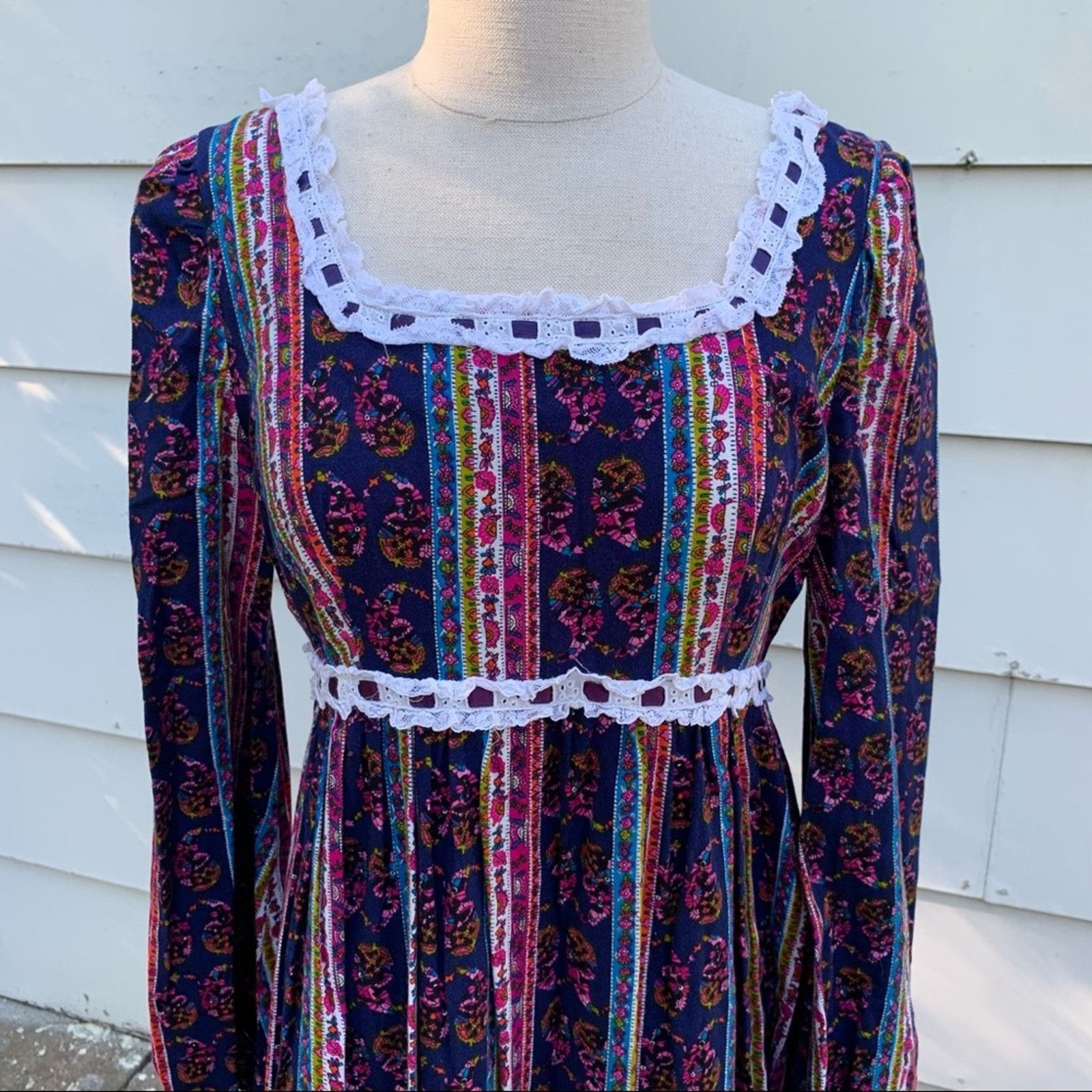 Vintage 70s flannel moody peasant prairie dress Paisley Stripe MED? Size M / US 6-8 / IT 42-44 - 5 Thumbnail