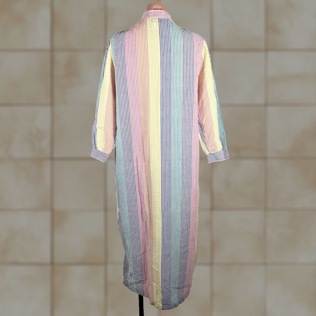Vintage VINTAGE Saybury Seersucker Zipper Smocked Pastel Stripe House Dress M/L 80s 90s Women’s Pink Blue Yellow Green Cotton/Polyester Mid Century Size M / US 6-8 / IT 42-44 - 1 Thumbnail