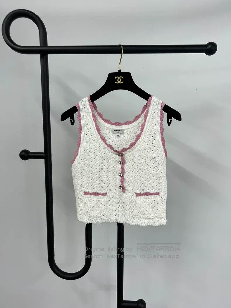 Chanel Chanel 24P white knitted hollowed-out pink-edged vest Size XXS / US 00 / IT 34 - 1 Thumbnail