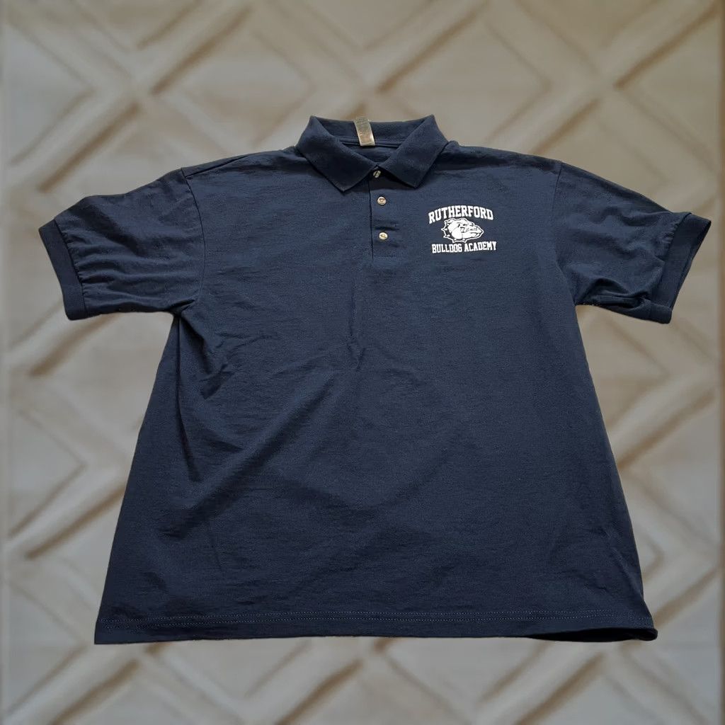 Gildan VINTAGE Gildan Dry Blend Polo Shirt Mens L Navy Blue Rutherford Bulldog Academy Logo Shirt Size US L / EU 52-54 / 3 - 1 Thumbnail