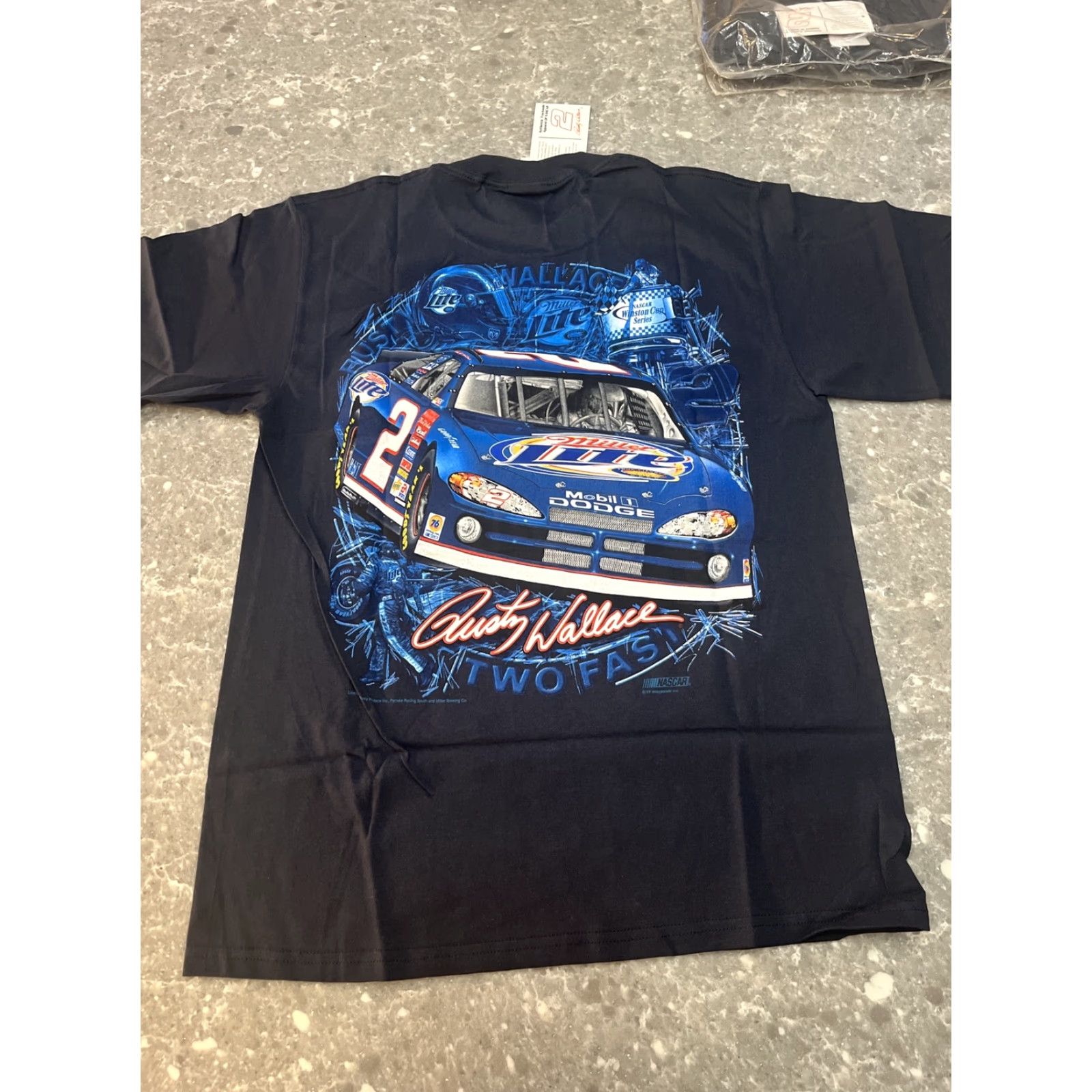 Chase Authentics VTG 1990s Nascar Rusty Wallace T Shirt Size M Blue Cotton Solid Short Sleeve Crew Neck Miller Lite #2 Double-Sided Racing Live to Race Mens Size US M / EU 48-50 / 2 - 7 Thumbnail