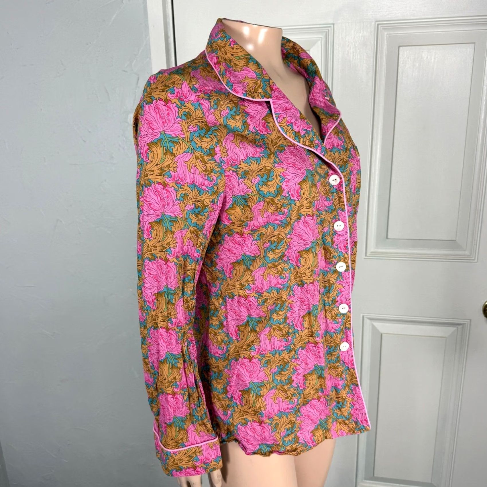 Liberty London Liberty London Women's Pajama Top Shirt Floral Sleep Shirt Pink Cotton Silk Lightweight Button Long Sleeve Small S Size S / US 4 / IT 40 - 5 Thumbnail