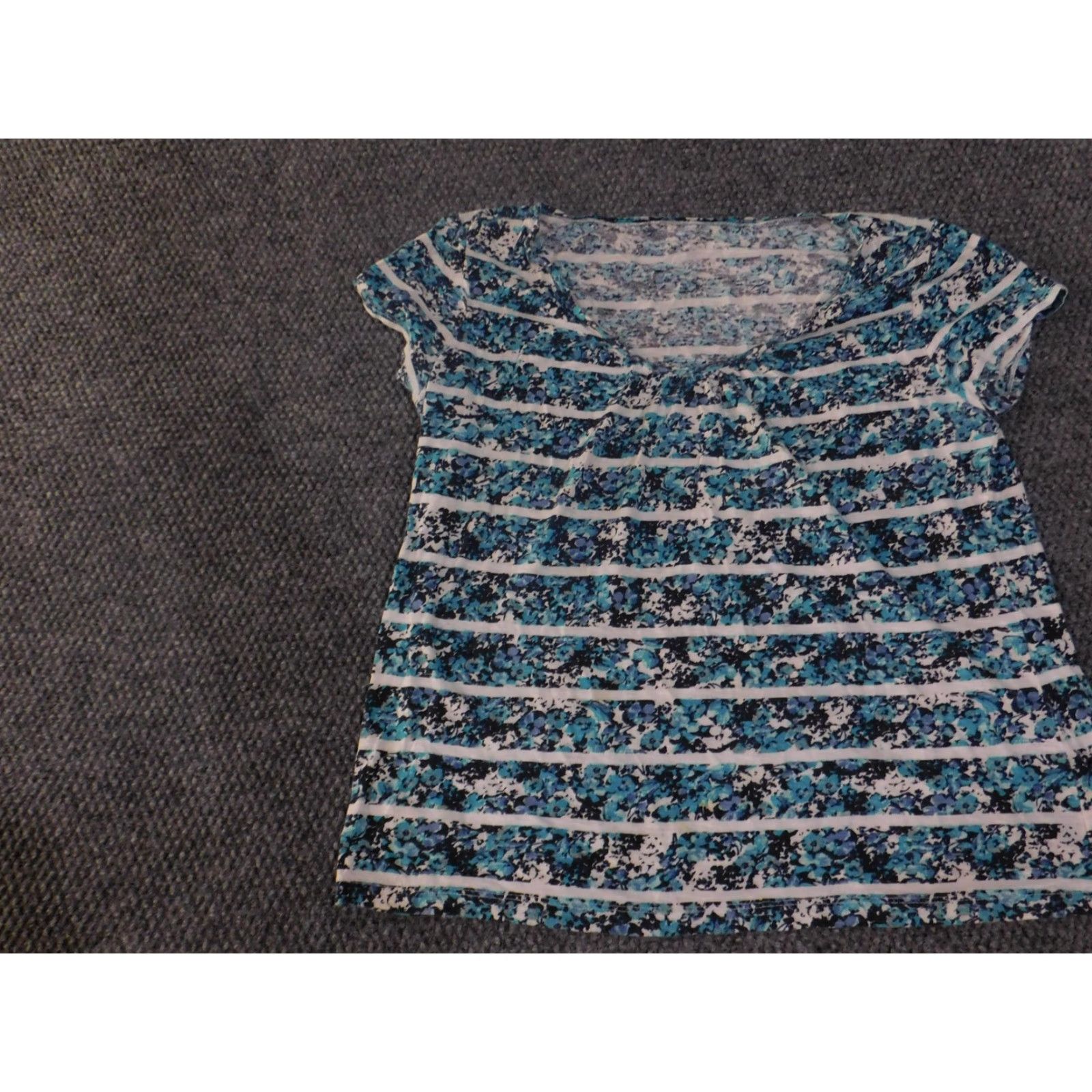 Loft Ann Taylor LOFT Shirt Womens XL Blue White Floral Stripe Short Sleeve Scoop Neck Size XL / US 12-14 / IT 48-50 - 3 Thumbnail