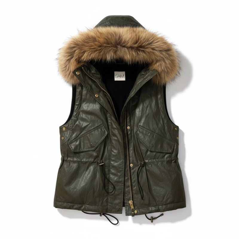 SAM. SAM NY Raccoon Fur Hood, Khaki Wax Vest Small Size S / US 4 / IT 40 - 2 Thumbnail