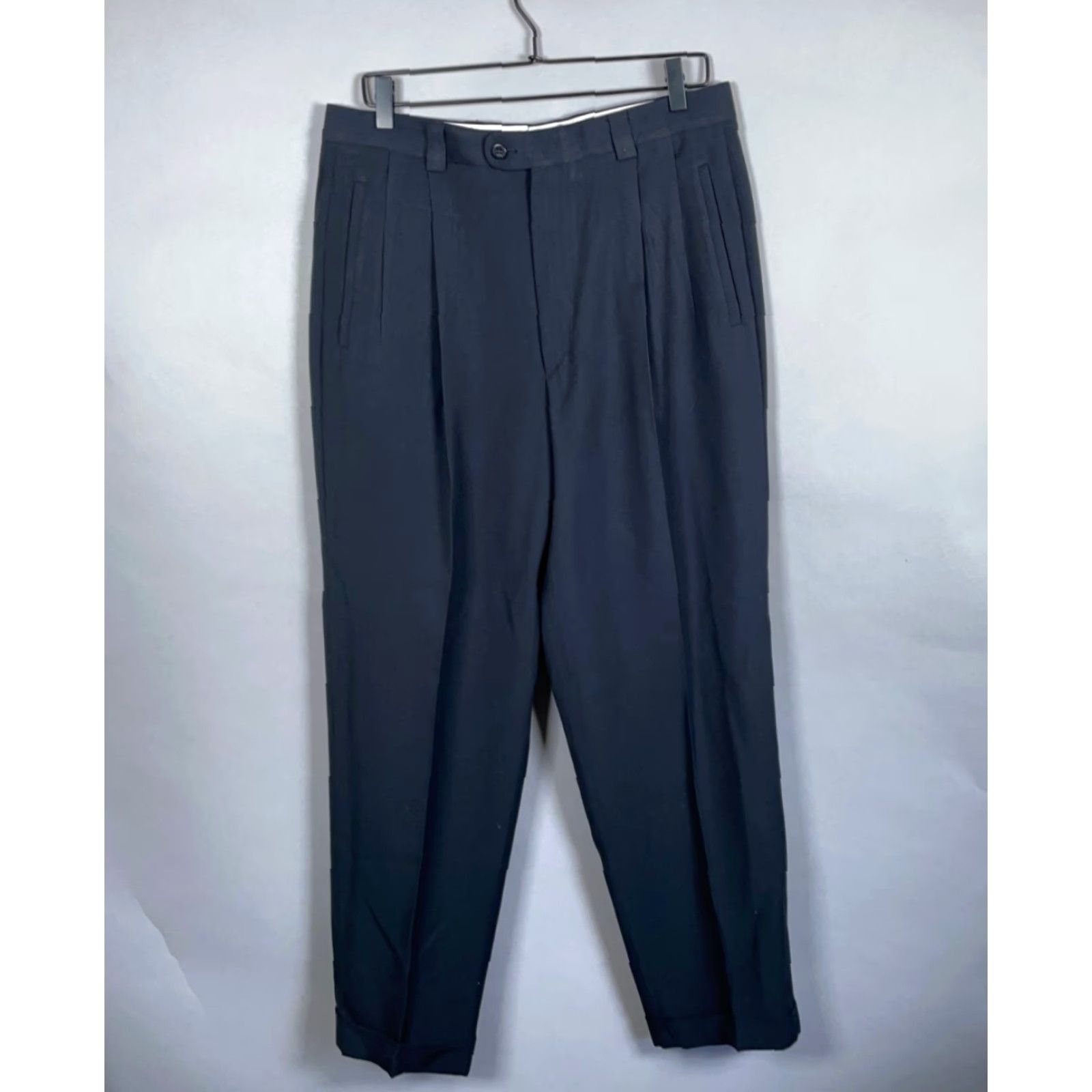 Zanella VINTAGE Zanella Men's Dress Pants Wool Nylon Pleated Straight Cuffed 34x28 Dark Blue Italy Size US 34 / EU 50 - 2 Thumbnail