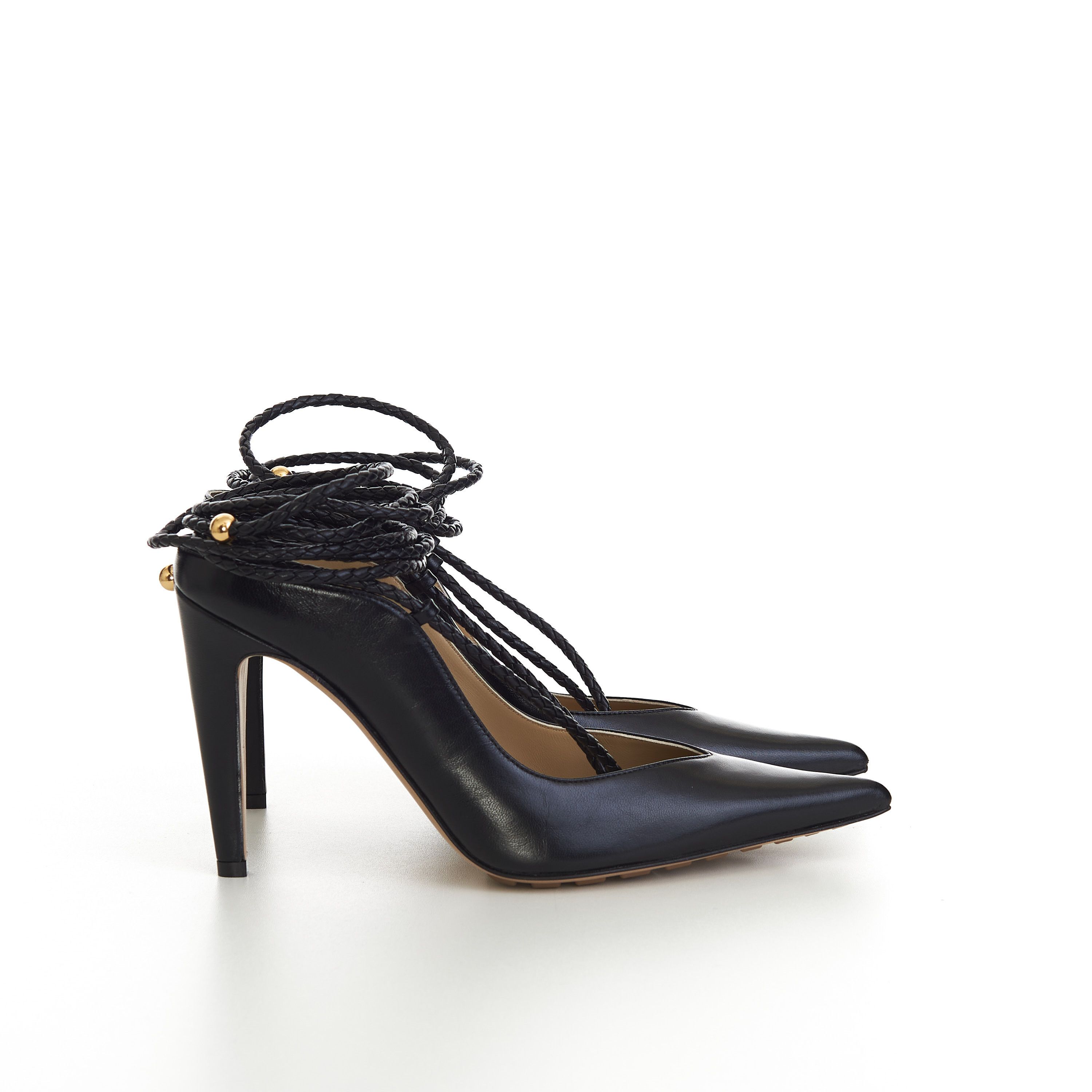 image of Bottega Veneta Spritz Strap Open Back Pumps In Black Leather Shoes, Women's (Size 8)