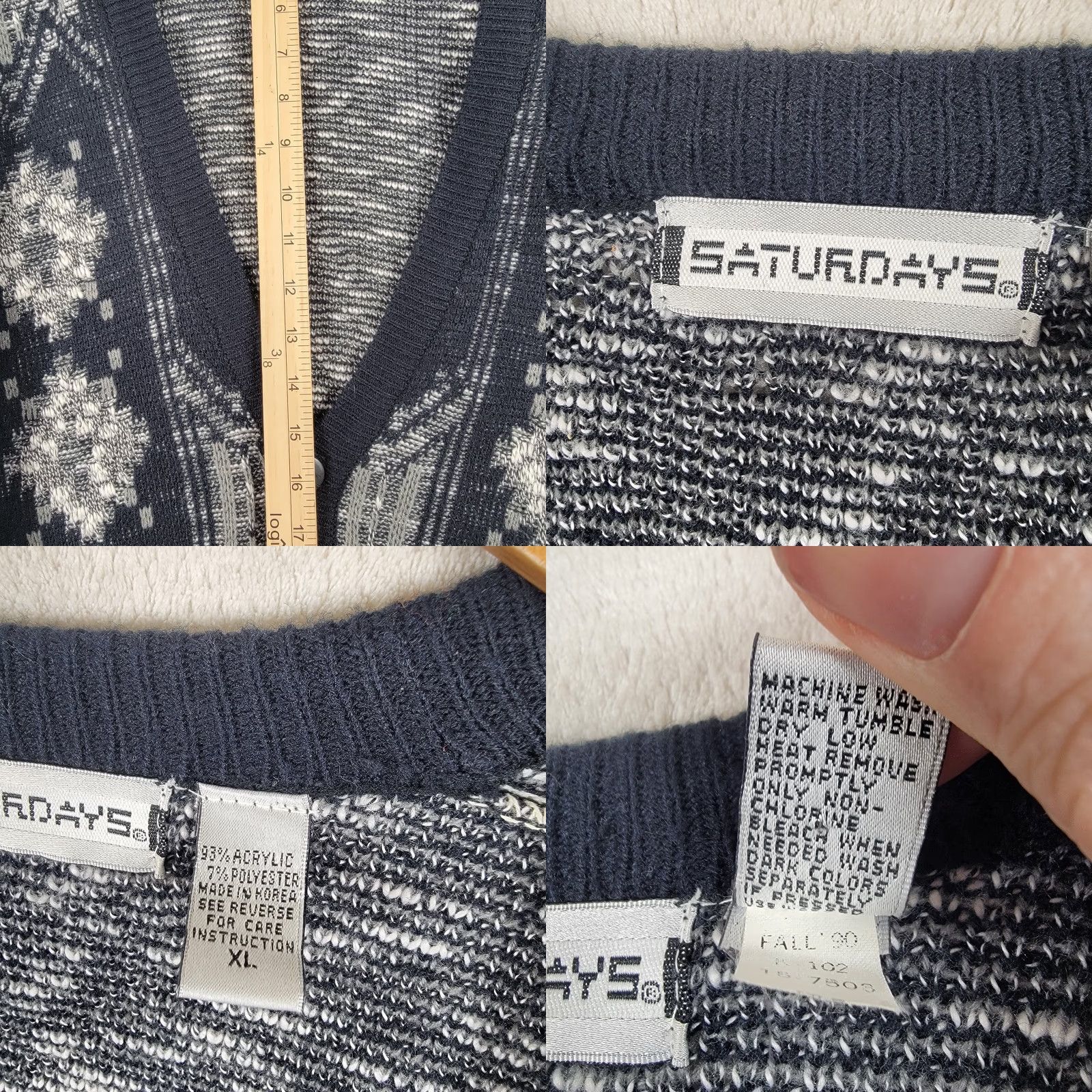 Saturdays NYC VINTAGE SATURDAYS Cardigan Mens XL Tribal Aztec Black White 90s Geometric Knit Sweater Size US XL / EU 56 / 4 - 9 Thumbnail
