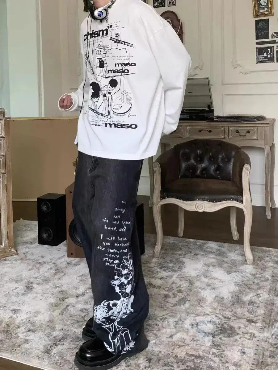 Japanese Brand Vintage comic lyrics printed washed fringed jeans Size US 32 / EU 48 - 1 Thumbnail