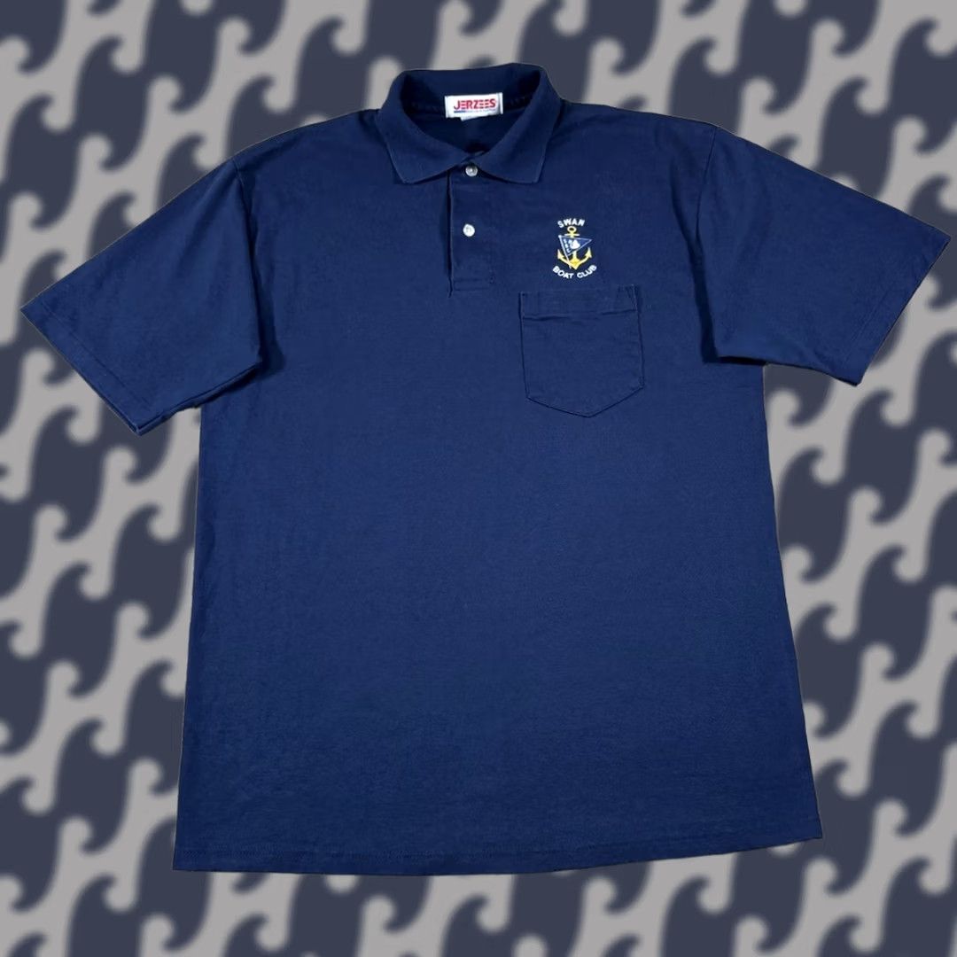 Jerzees VINTAGE JERZEES Polo Shirt Swan Boat Club Navy Blue USA Made • Size Medium Mens Polo Shirt Navy Blue 80s 90s Retro Size US M / EU 48-50 / 2 - 1 Thumbnail
