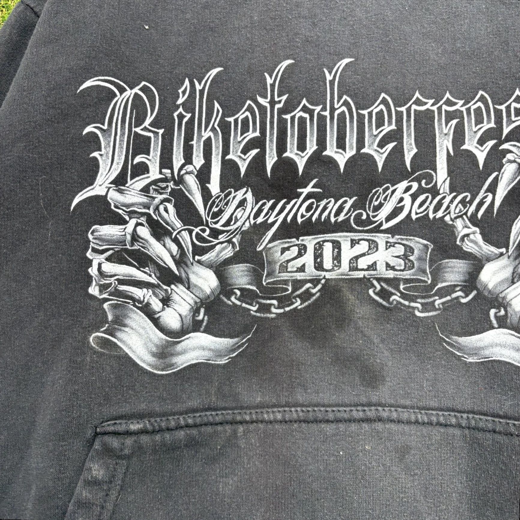 Vintage Biketoberfest Hoodie Mens Medium Black AOP Skull Graphic Grunge Biker y2k Size US M / EU 48-50 / 2 - 2 Thumbnail