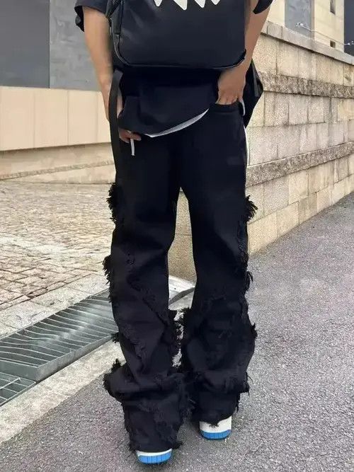 Japanese Brand Black Color Pants with raw edges loose trousers Size US 31 - 6 Thumbnail