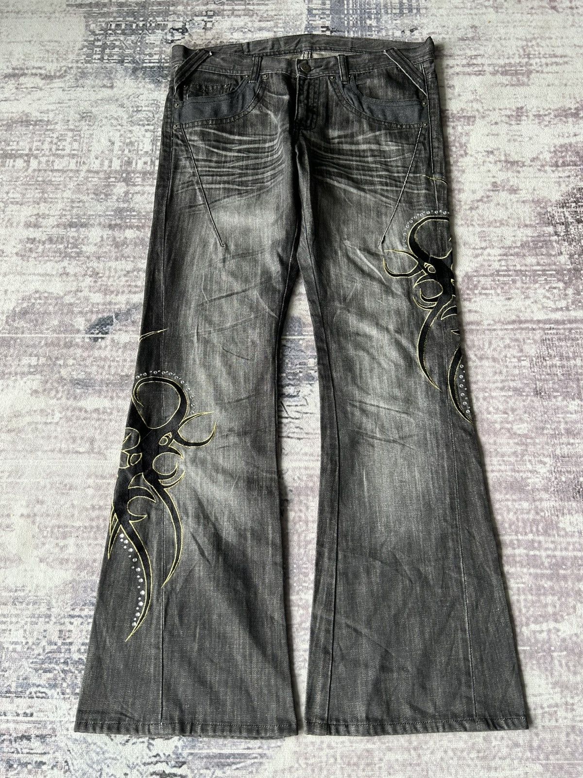 Tornado Mart ( Rare🤩 ) Tornado Mart Art Tribal Flared Jeans Size US 33 - 1 Thumbnail