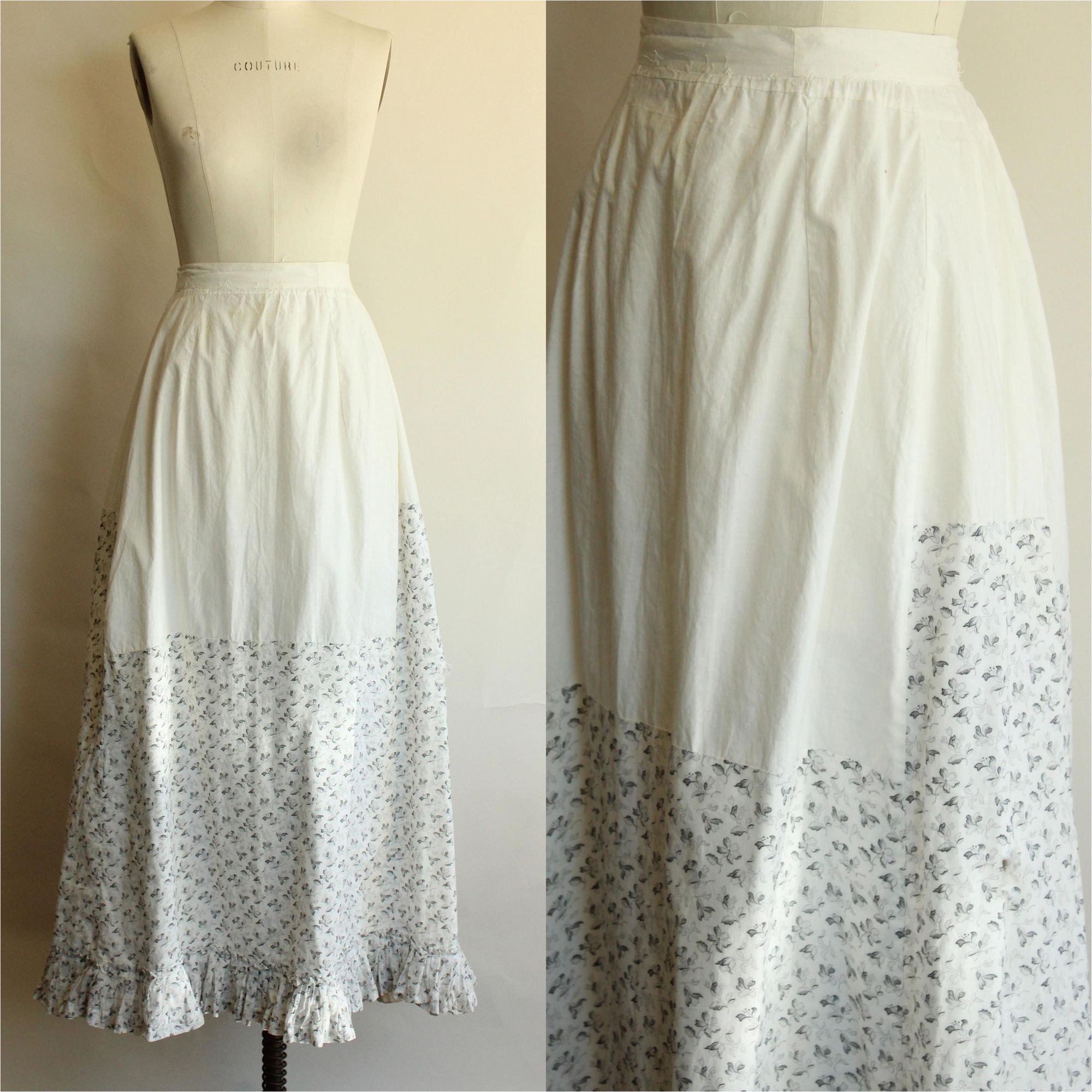 Vintage Antique 1890s Skirt Victorian Gray and White Floral