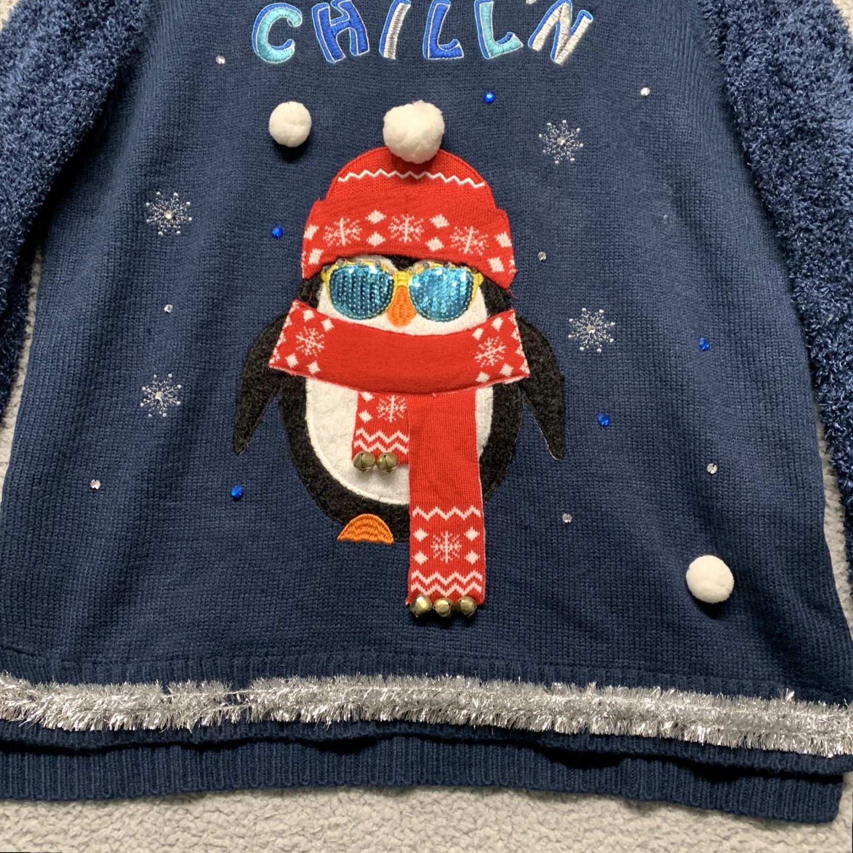 Vintage Holiday Time Women's Large Blue CHILL'N Embellished Warm Winter Sweater - Crew Neck, Long Sleeve, Knit, Pullover, 12-14, Regular, Vintage: No, Hoodie? Size L / US 10 / IT 46 - 3 Thumbnail