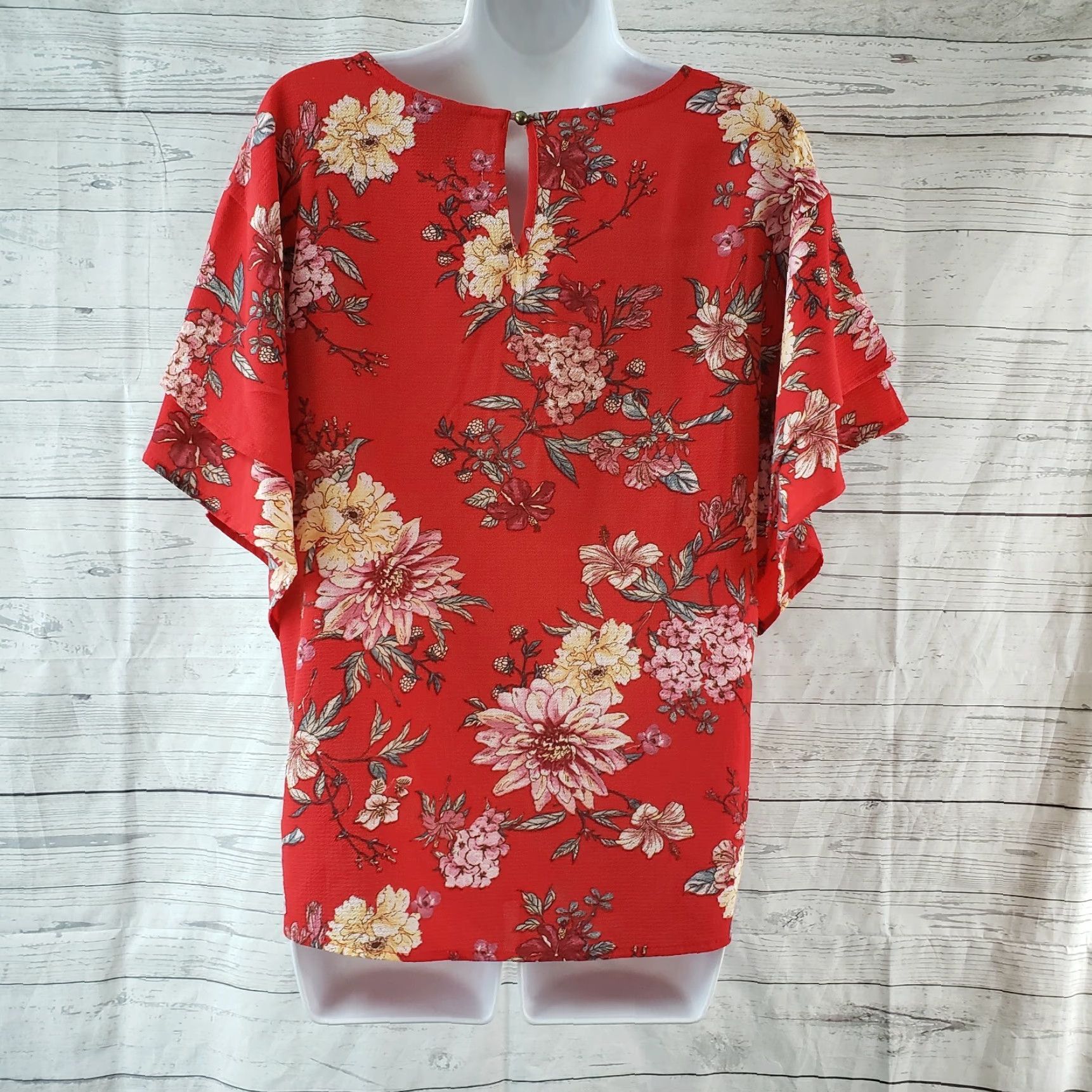 Vintage Bobeau Blouse XS Red Pink Floral Keyhole Layered Sleeves Womens Shirt Size XS / US 0-2 / IT 36-38 - 3 Thumbnail