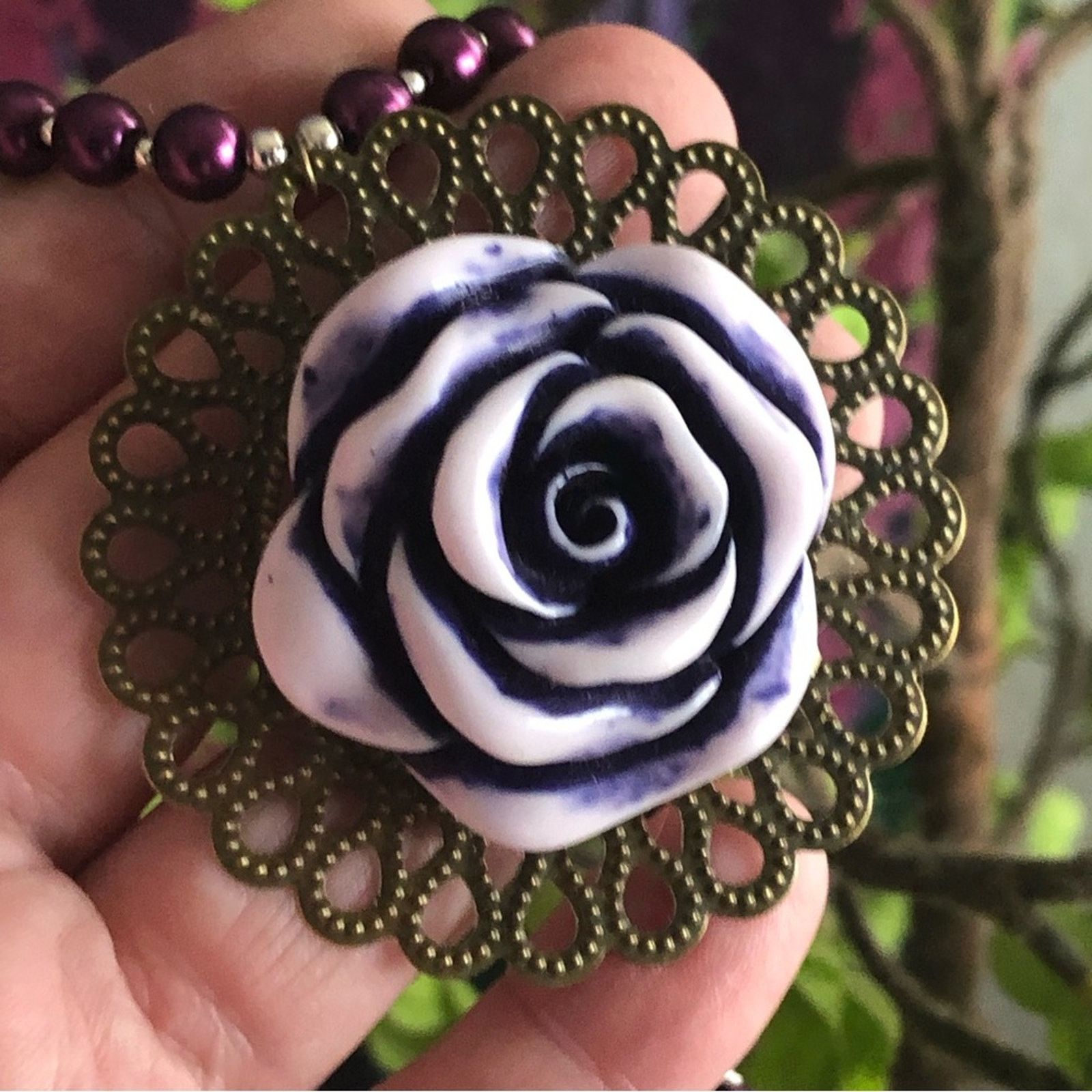 Handmade Handcrafted repurpose purple rose pendant Pearl necklace Size ONE SIZE - 2 Thumbnail