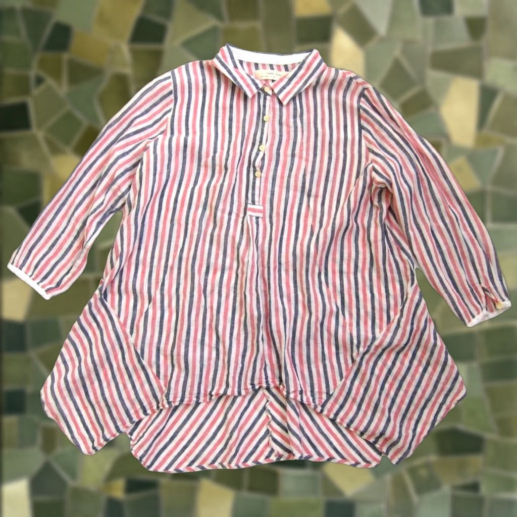 Anthropologie VINTAGE Isabelle Sinclair Anthropologie Linen Pink Blue White Stripe 3/4 Sleeve Blouse L Size L / US 10 / IT 46 - 1 Thumbnail