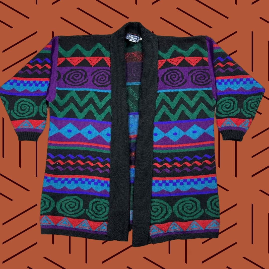 VINTAGE JJ Browne Cardigan Knit Open Front Geometric 90s Funky Cat Multicolor 3XL Womens
