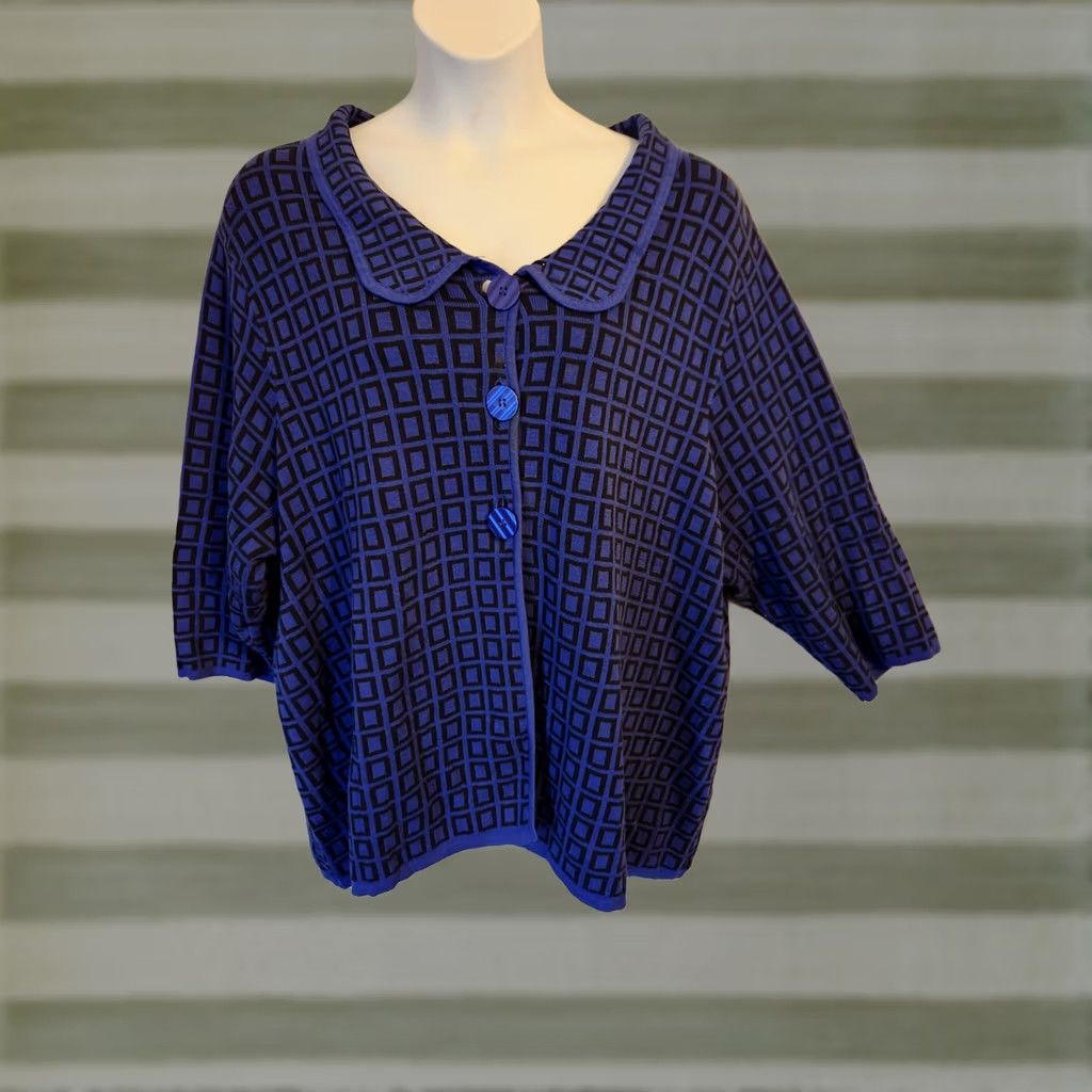 Vintage Liz & Me Platinum Collection Cardigan Indigo Royal Blue 3X Button Front Knit 100% Cotton Geometric Women Plus Size Mulit Occasion Woolless? Size XXL / US 16-18 / IT 52-54 - 1 Thumbnail