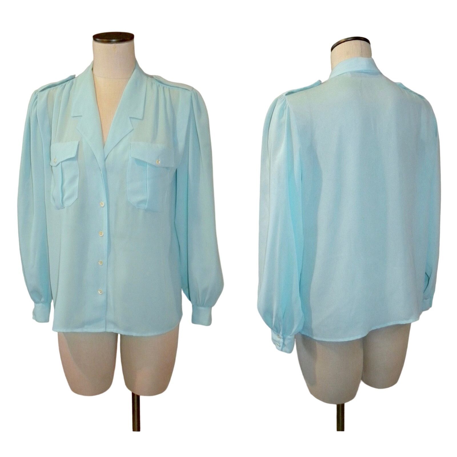 Vintage 90s Y2K Semi Sheer Turquoise Blouse w Epaulettes CHAUS | S Size S / US 4 / IT 40 - 5 Thumbnail