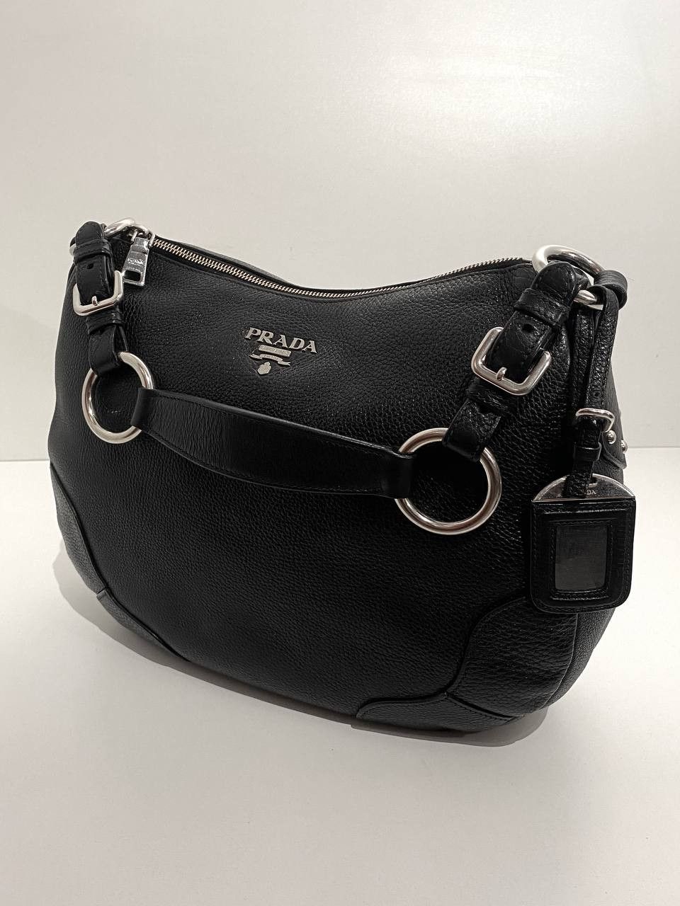 Prada Prada Logo Black Leather Vitello Daino Hobo Shoulder Bag Size ONE SIZE - 12 Thumbnail