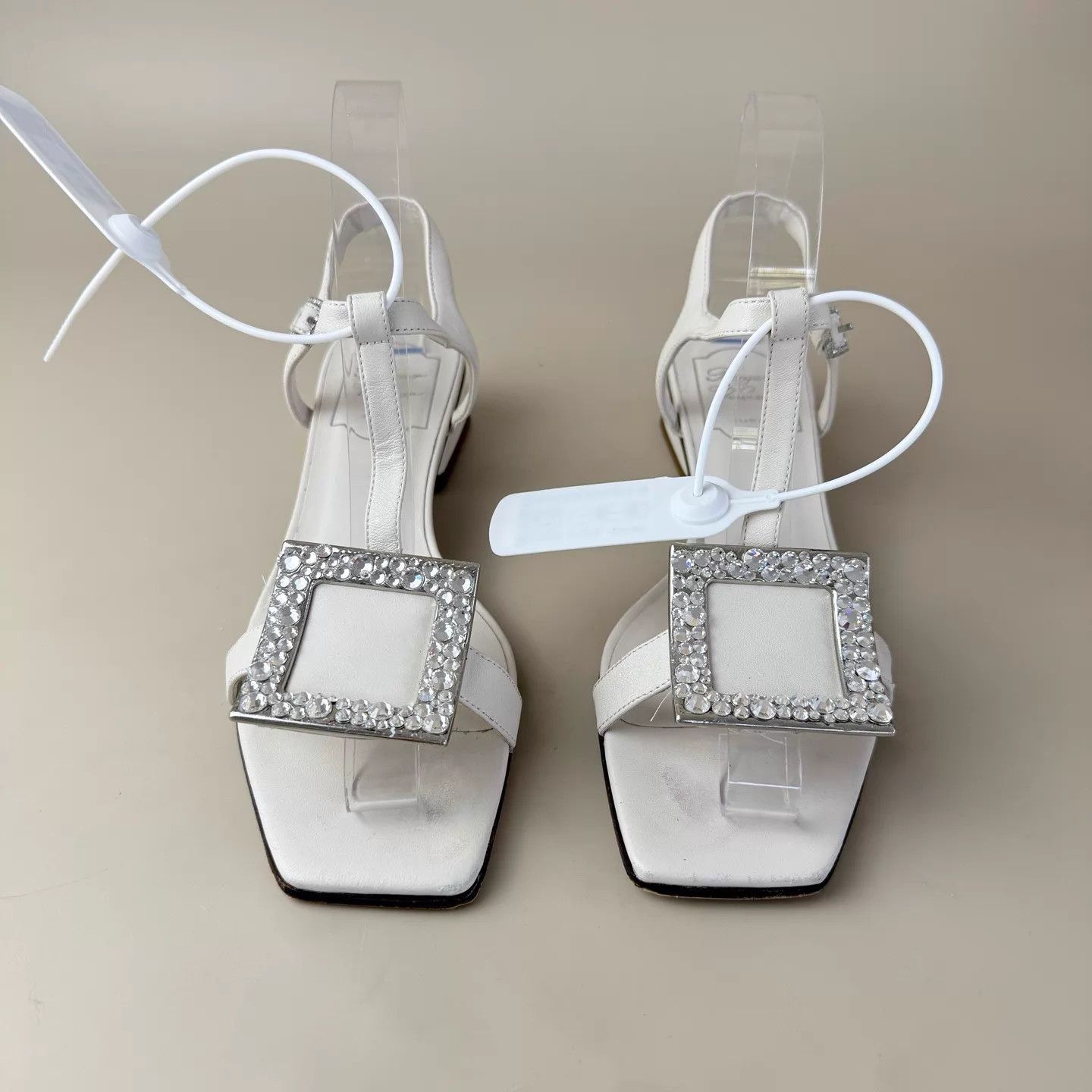 Roger Vivier RV Women's Ivory Rhinestone Square Buckle Sandals 37 Size US 6.5 / IT 36.5 - 2 Thumbnail