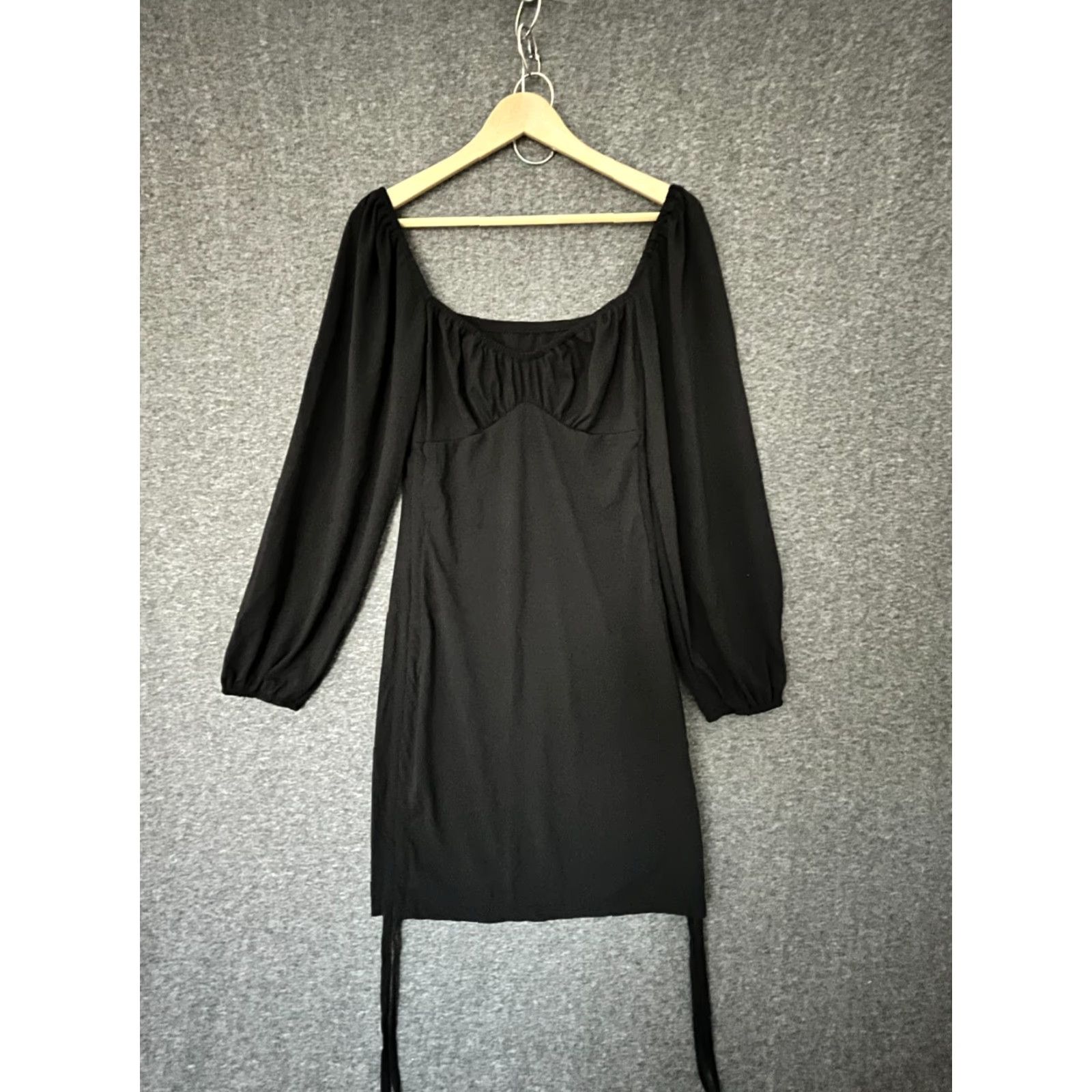 Vintage Solid Black Women's Dress Mini Puff Sleeve Ruched Drawstring Size L Womens Size L / US 10 / IT 46 - 2 Thumbnail