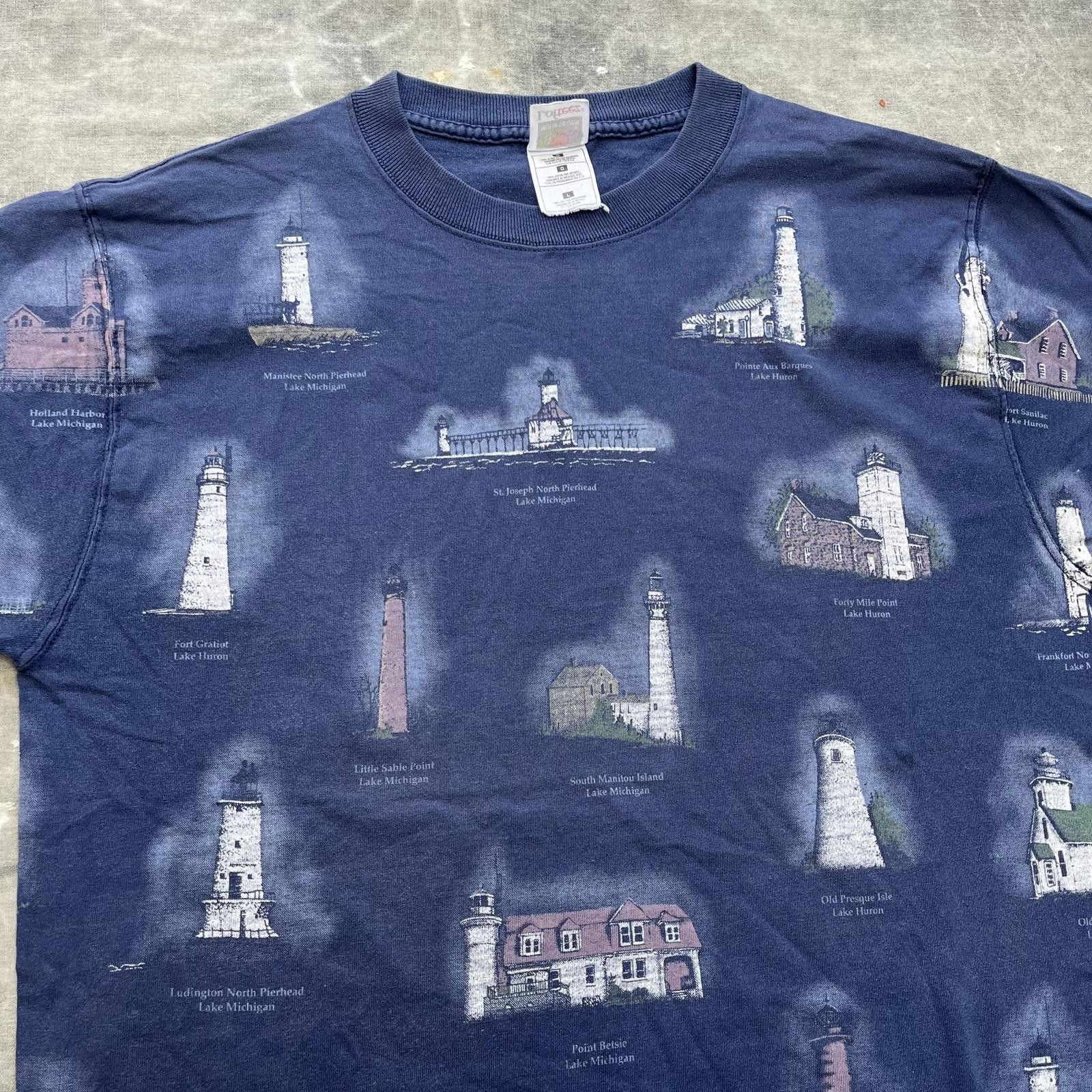 Fruit Of The Loom × Vintage Vintage 90s Y2K All Over Print Lighthouse Buildings Shirt Size US L / EU 52-54 / 3 - 5 Thumbnail
