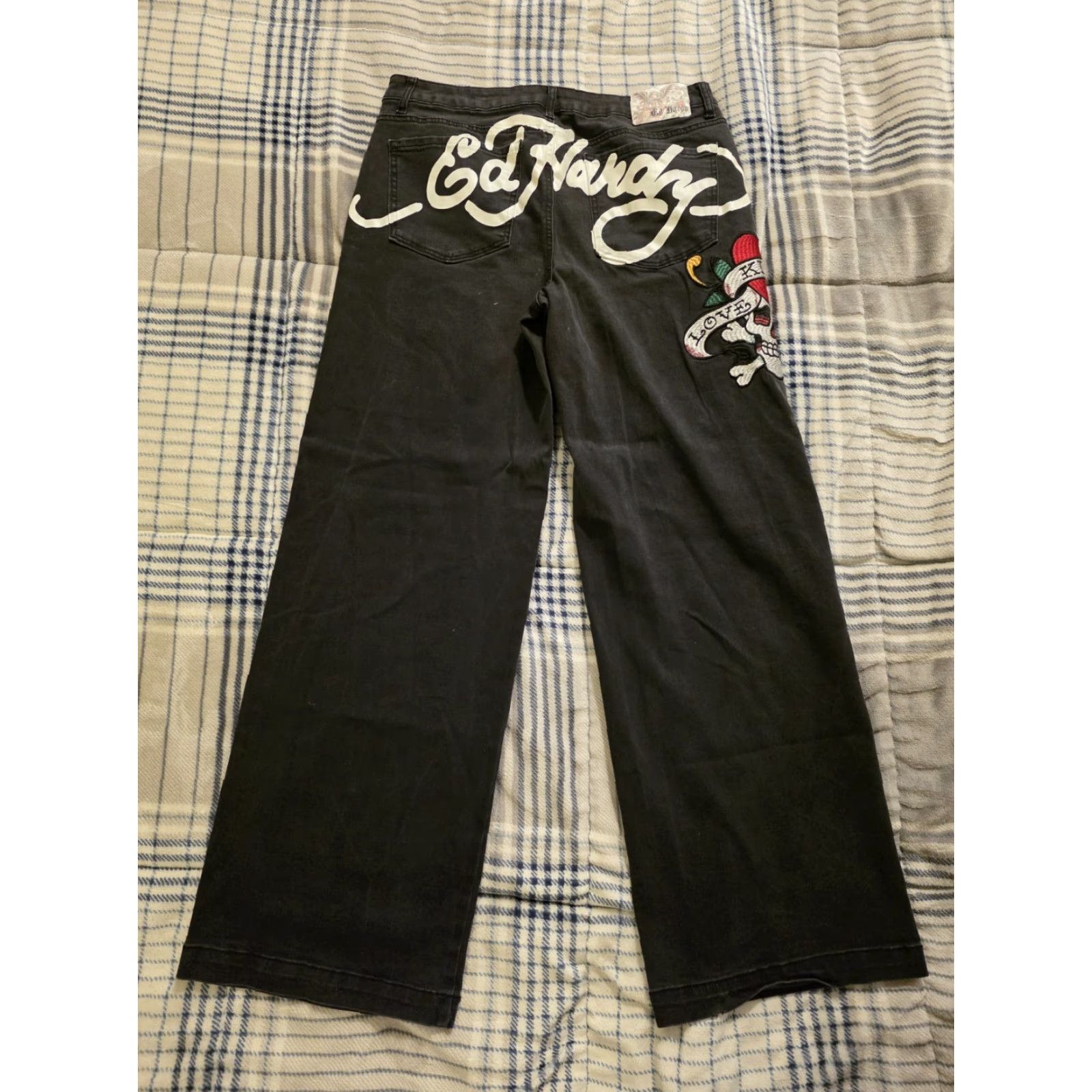 Ed Hardy VINTAGE Ed Hardy Jeans Wide-Leg Black 90s Love Kills Slowly Embroidered Logo Mens 34x32 Size US 32 / EU 48 - 2 Thumbnail