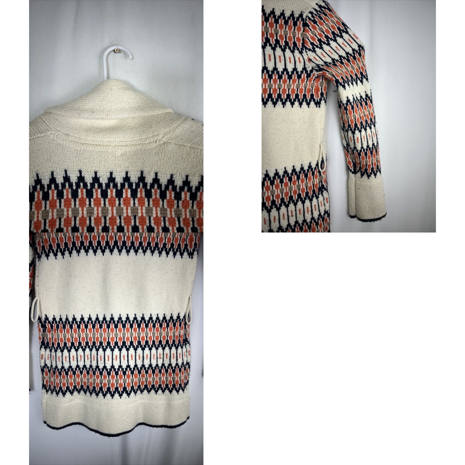 Lucky Brand VINTAGE Lucky Brand Cardigan Womens XS Wool Blend Belt Missing Belt Aztec Woodland Cream Blue Wool Blend Belted Cardigan Womens XS Blue Aztec Theme Size XS / US 0-2 / IT 36-38 - 9 Thumbnail