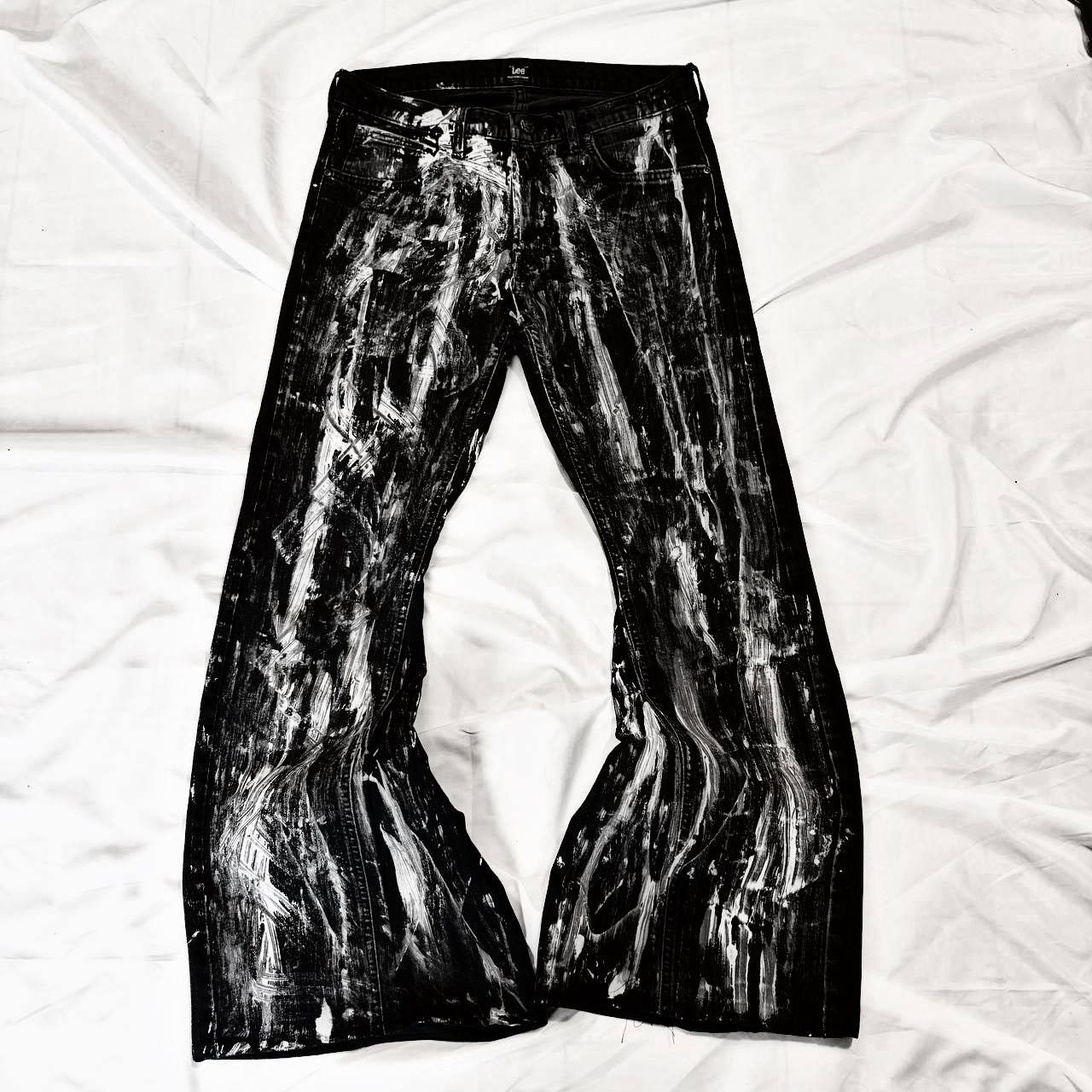 Japanese Brand Custom Black Baggy Distressed Jeans Painted Wide Leg Size US 31 - 1 Thumbnail