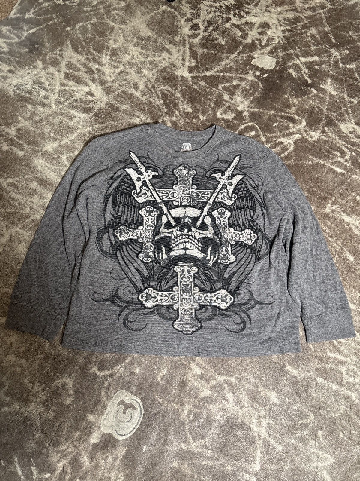 Route 66 Crazy Vintage Y2K Affliction Style Skull Thermal Grunge Size US XL / EU 56 / 4 - 1 Thumbnail
