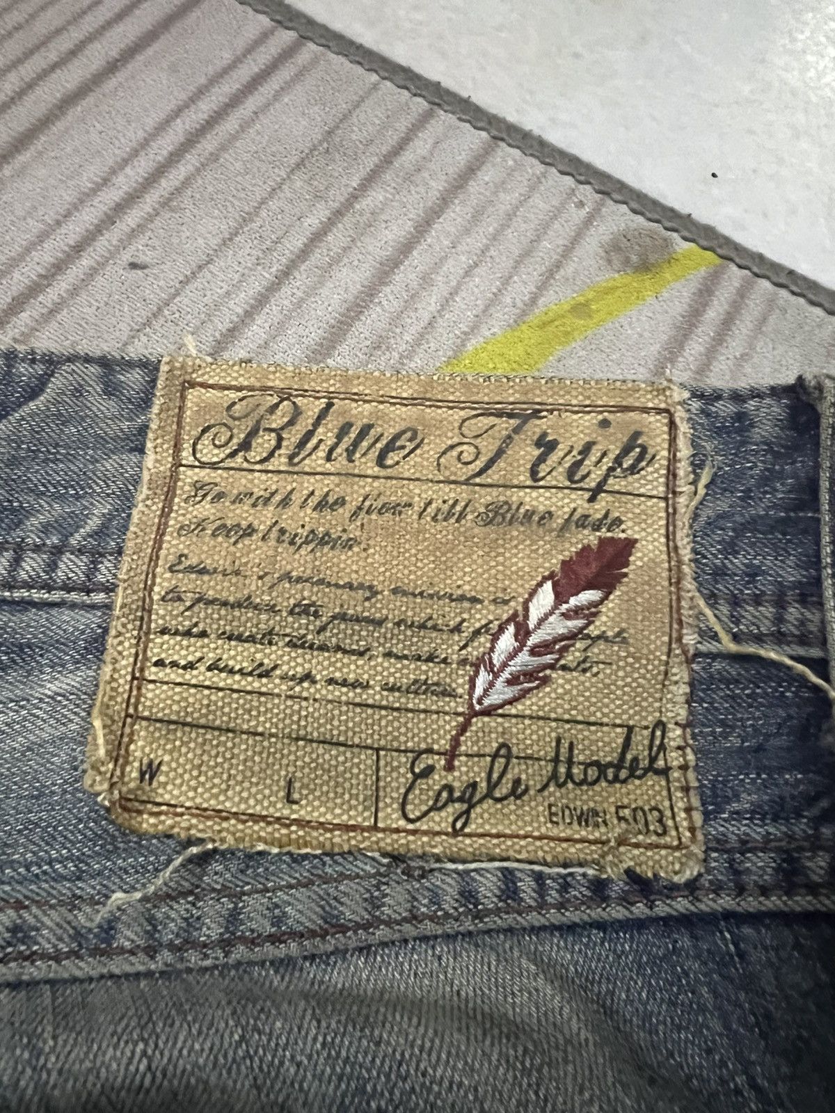If Six Was Nine 💥Flare💥 Edwin 503 Blue Trip Eagle Model Distress Jean Size US 33 - 25 Thumbnail
