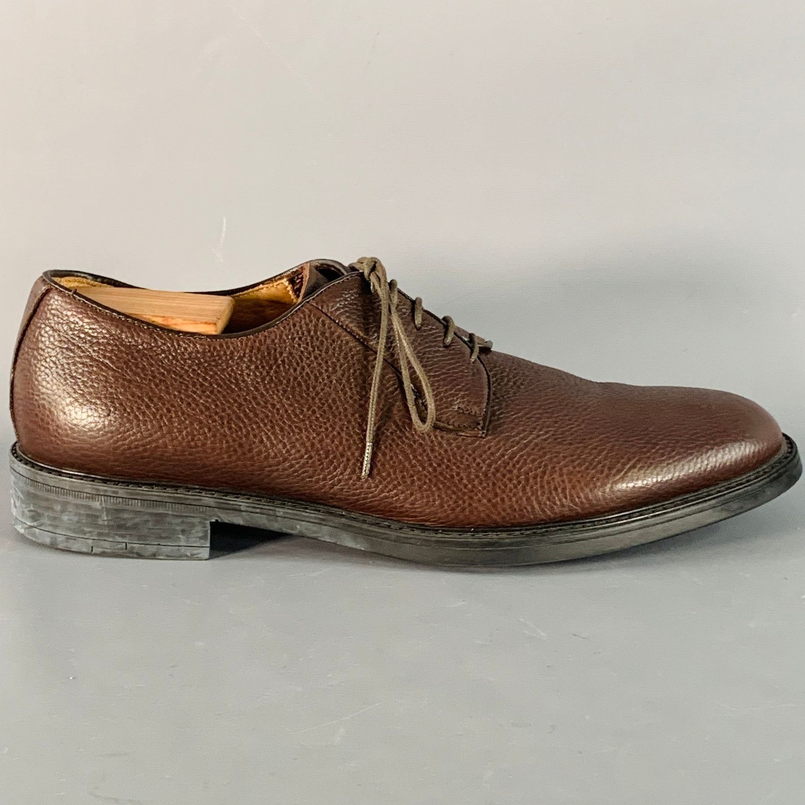 Barneys New York Size 11 Brown Pebble Grain Leather Derby Lace-Up Shoes Size US 11 / EU 44 - 2 Thumbnail