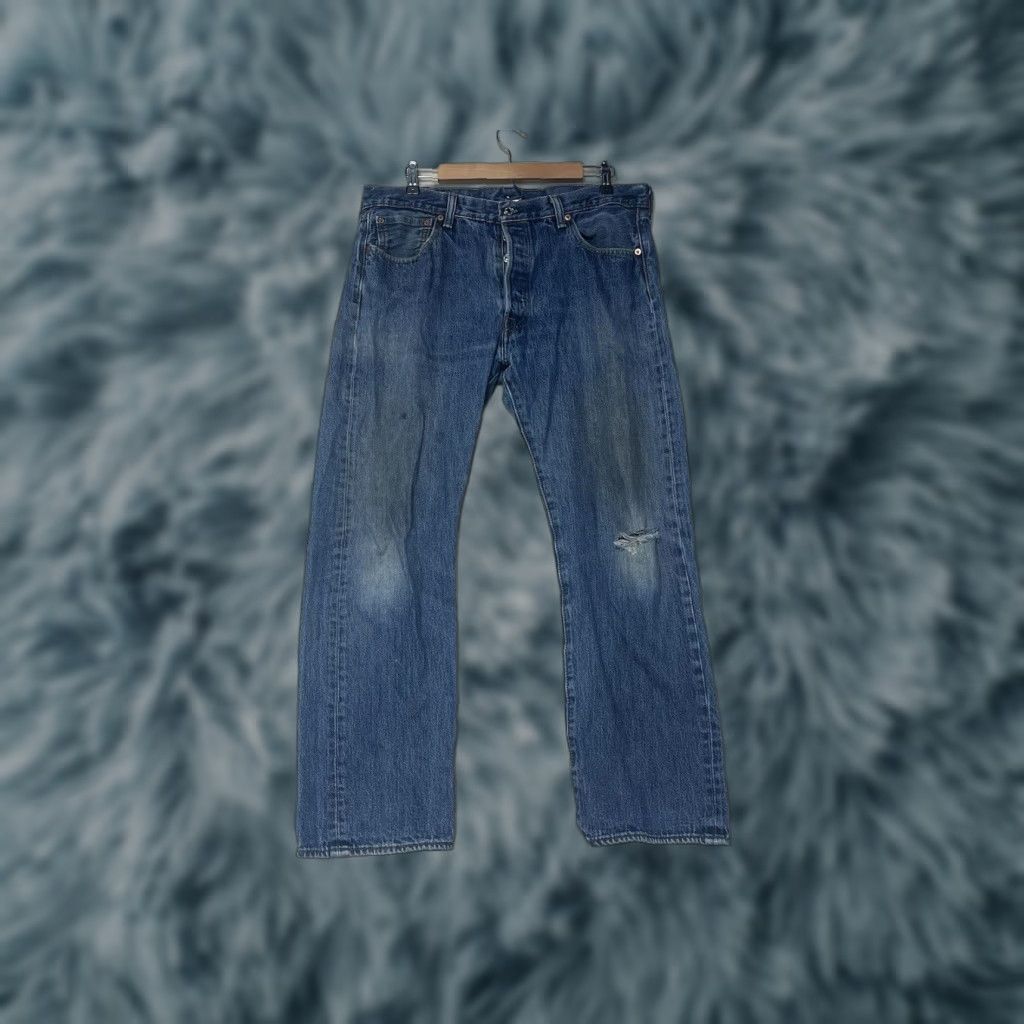 Levi's Levi's 501 Jeans Mens 36x30 Blue Medium Wash Distressed Button Fly Straight Leg 5-Pocket 90s USA Denim Cotton Casual Regular Mens Size US 36 / EU 52 - 1 Thumbnail