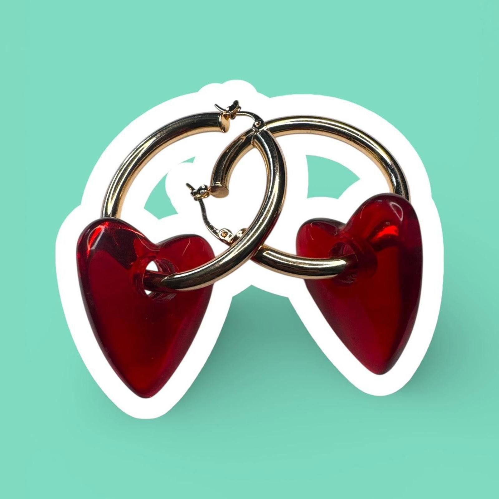 Other Gold Hoop Earrings with Red Glass Heart Charms Size ONE SIZE - 2 Thumbnail