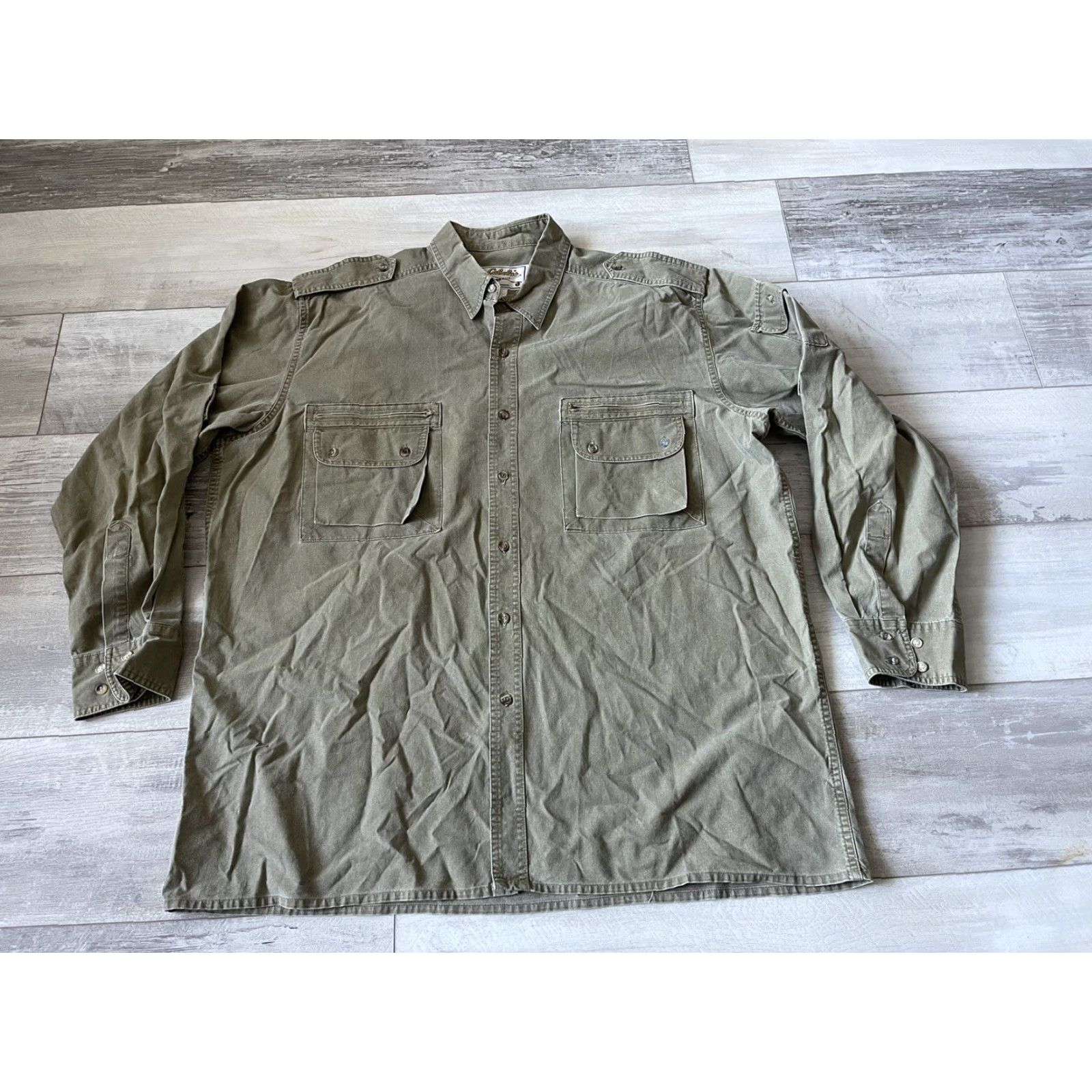 VINTAGE Cabela's Shirt Button-Up Long Sleeve Men XL Brown Outdoor Pockets Corduroy? (Note: original has Cotton, Solid pattern)