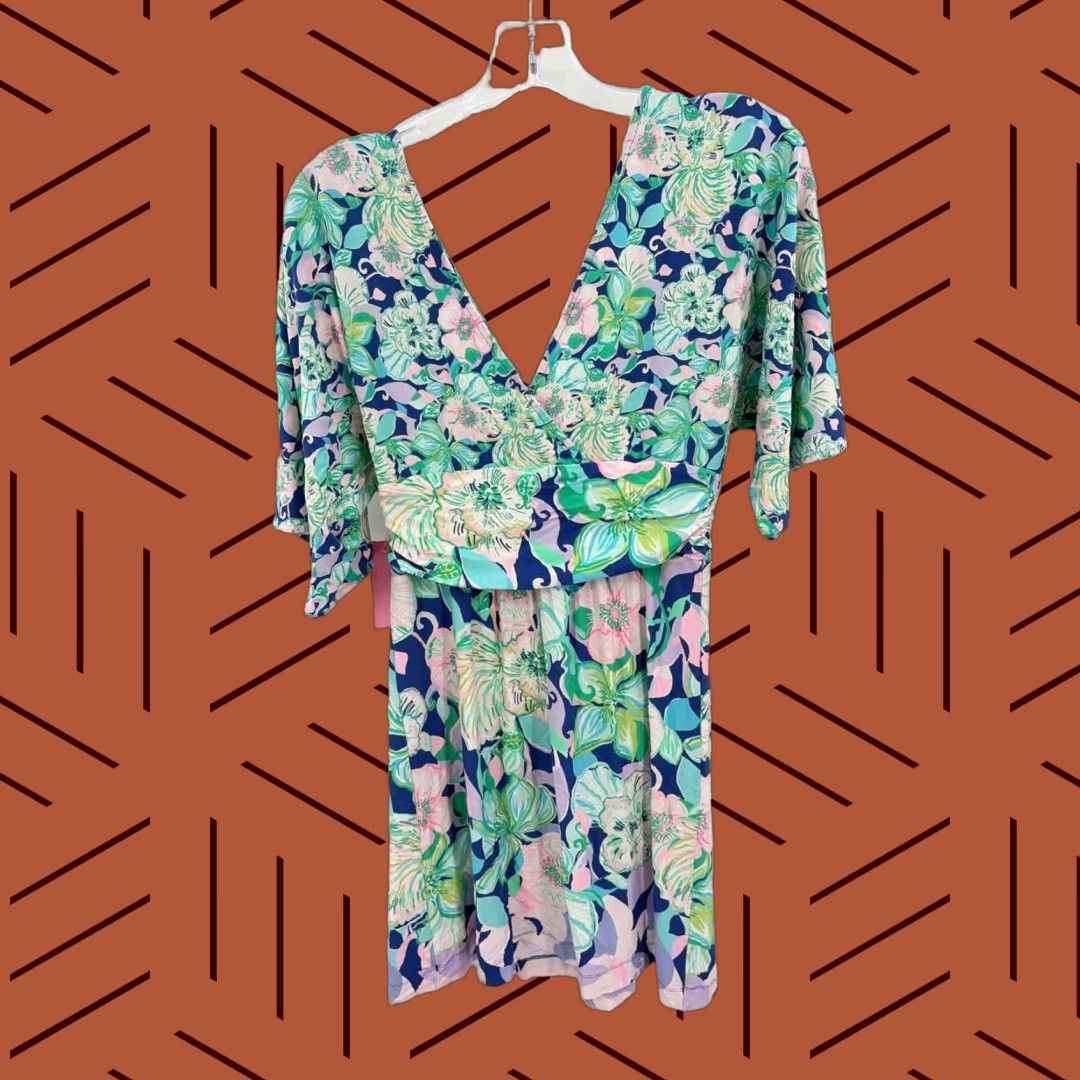 VINTAGE Pre-Owned Lilly Pulitzer Blue Size Small Floral Knee Length Short Sleeve Dress