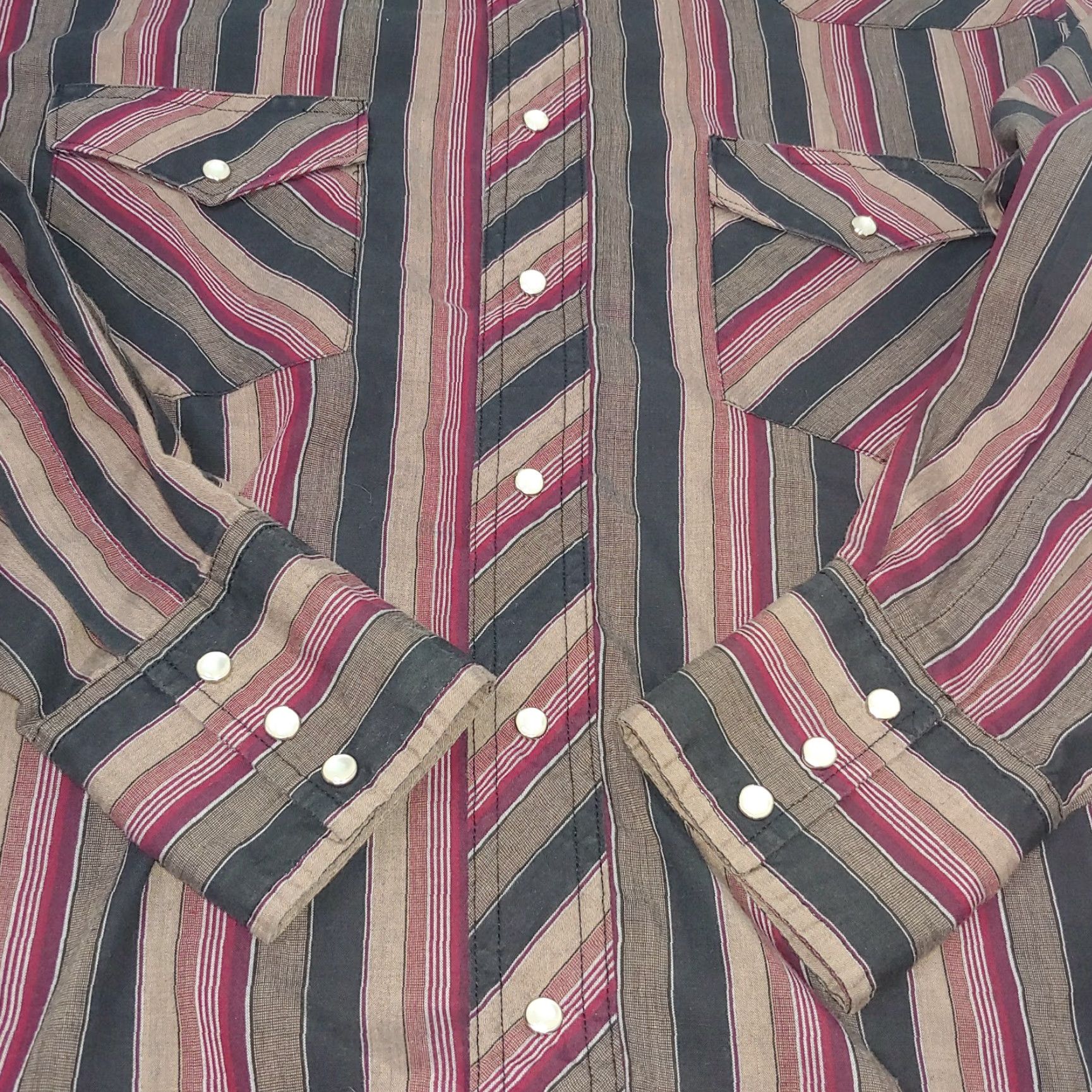 Wrangler Wrangler Western Shirt Large Brown Maroon Stripe Long Sleeve Pearl Snap Cowboy Mens Size US L / EU 52-54 / 3 - 6 Thumbnail