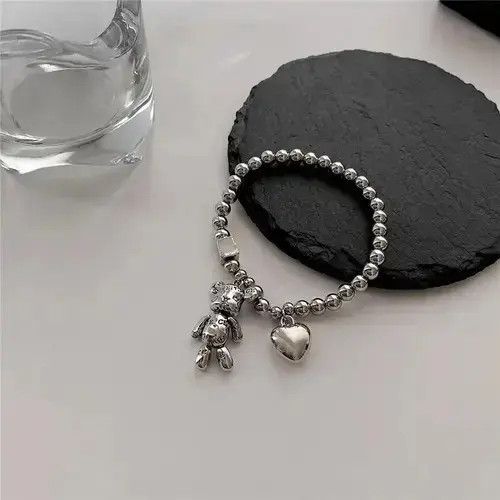 Jewelry Stainless Steel Bear Love Charm Bracelet Unisex in Silver, Men's