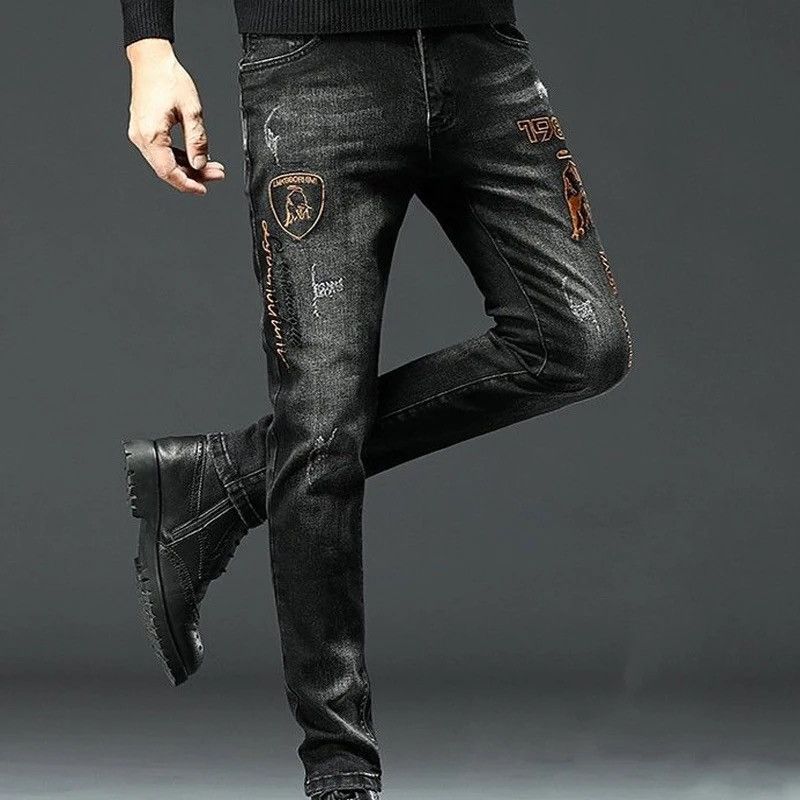 image of Distressed Denim Embroidery Skinny Denim Pant in Black, Men's (Size 30)