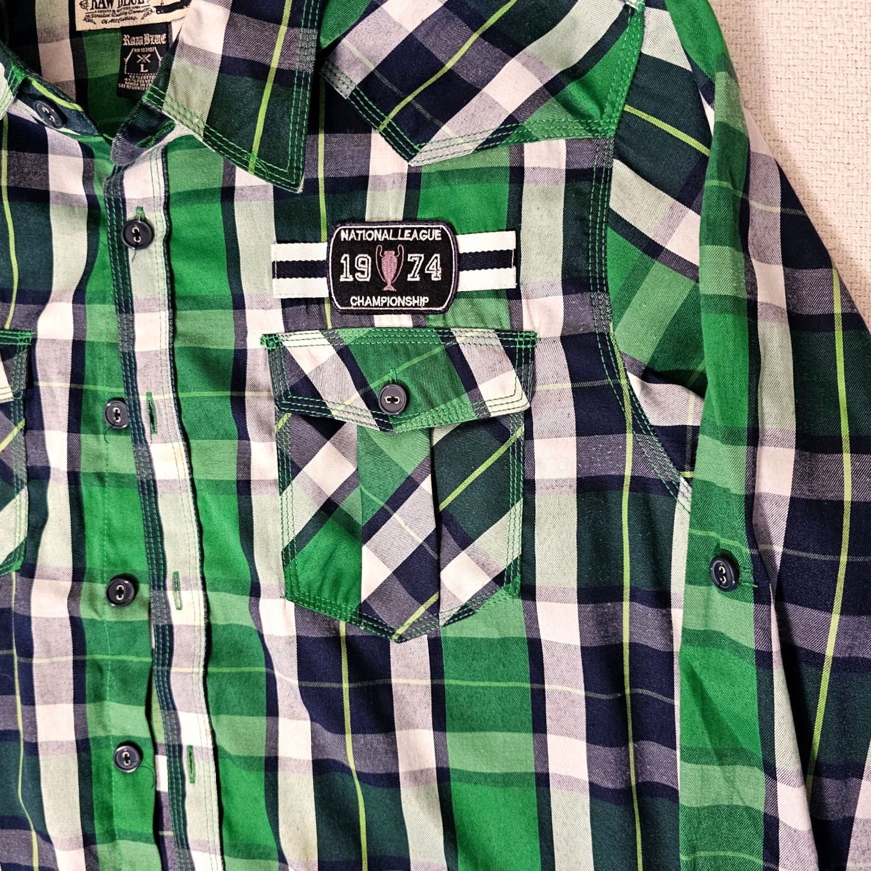 Vintage Raw Blue Mens Button-Up Shirt Plaid Green Long Sleeve Size L Regular Collar-Down Vintage No (Note: Vintage: No) Size US L / EU 52-54 / 3 - 3 Thumbnail
