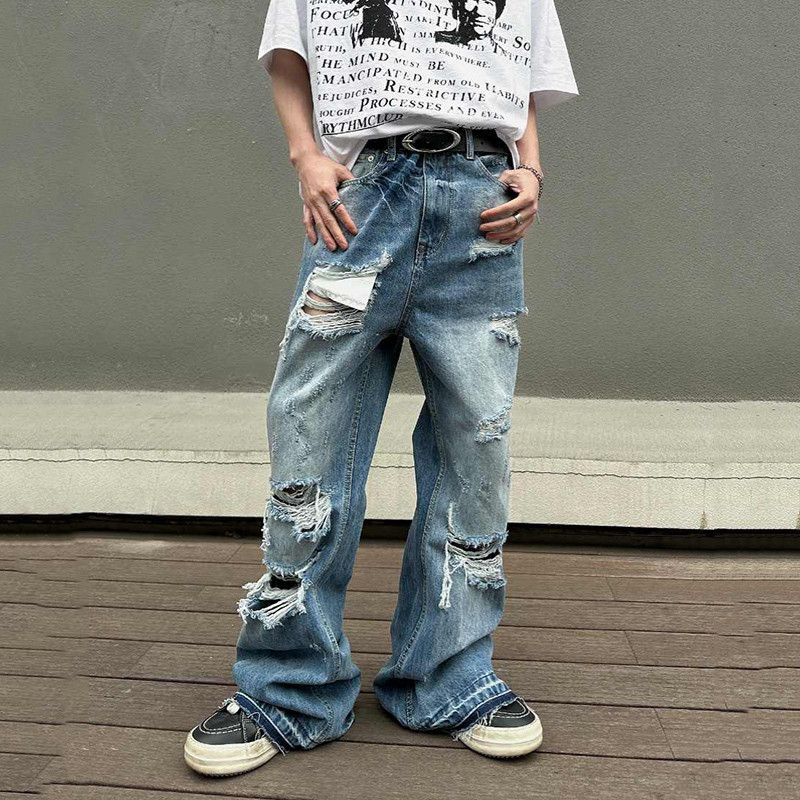 Washed Hole Micro Flare Street Jeans